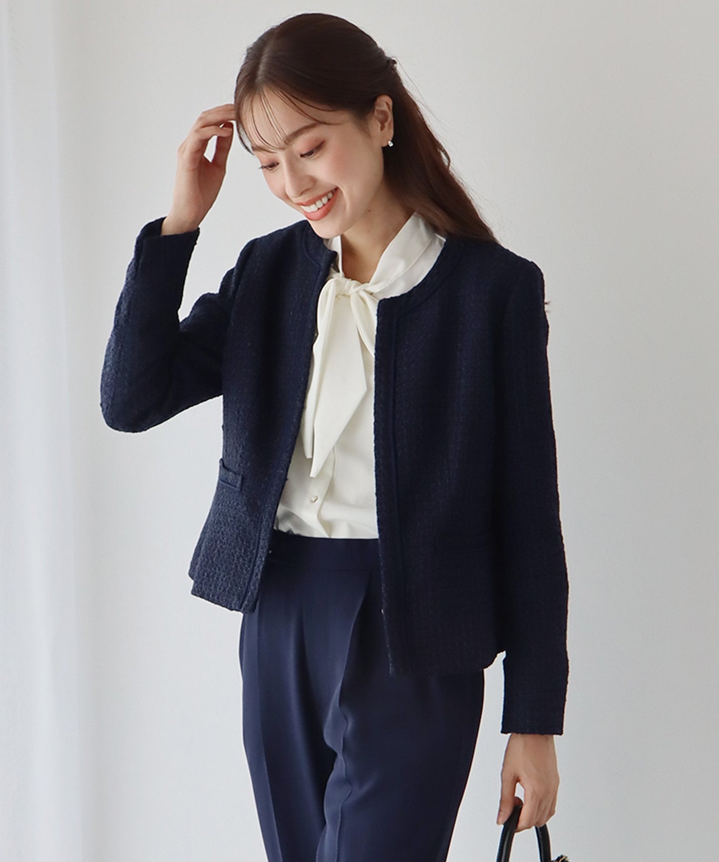 【SALE】ミックスツイードノーカラージャケット×テーパードパンツ セレモニー2点セット