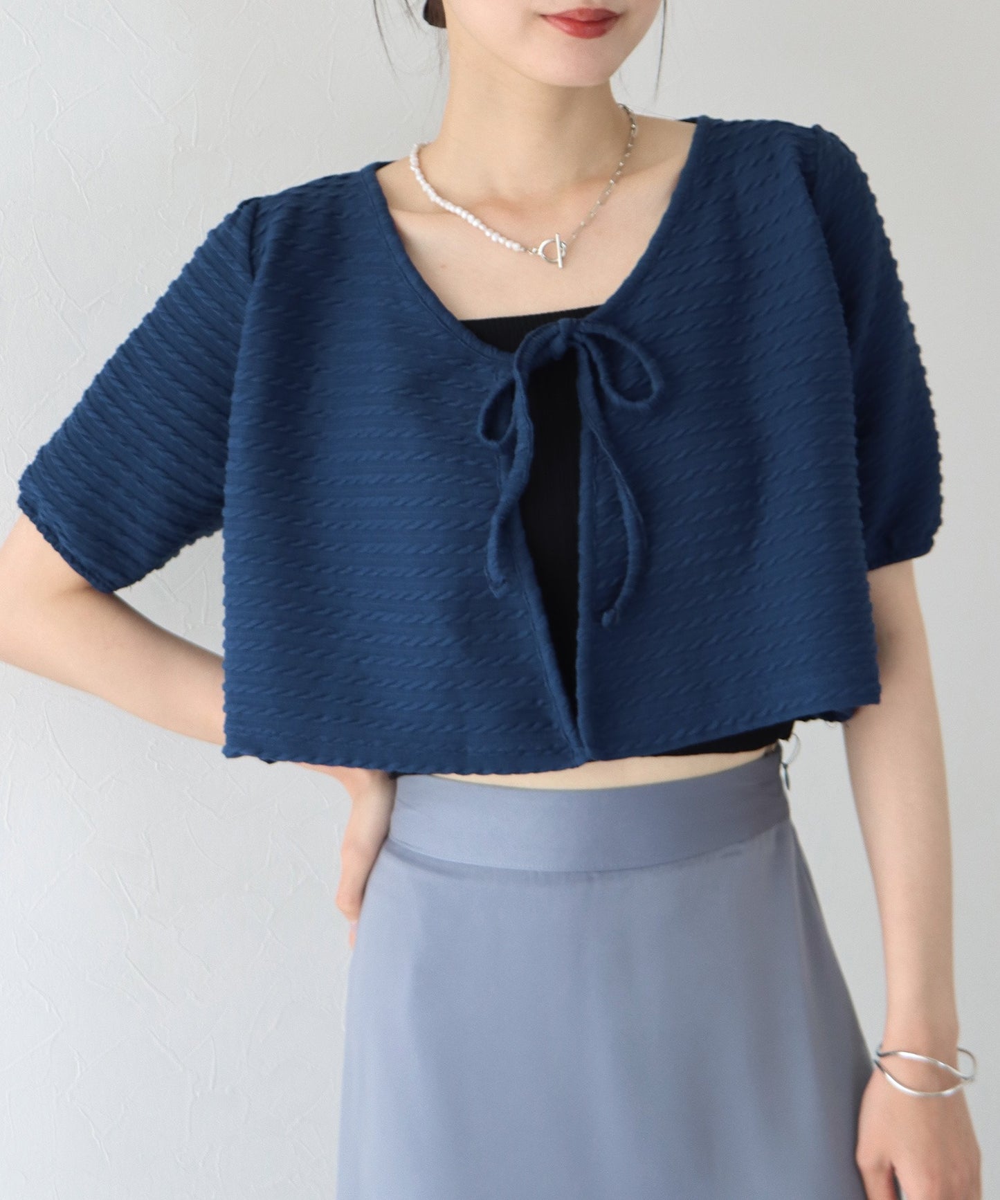 【SALE】半袖ケーブル柄リボンカーディガン