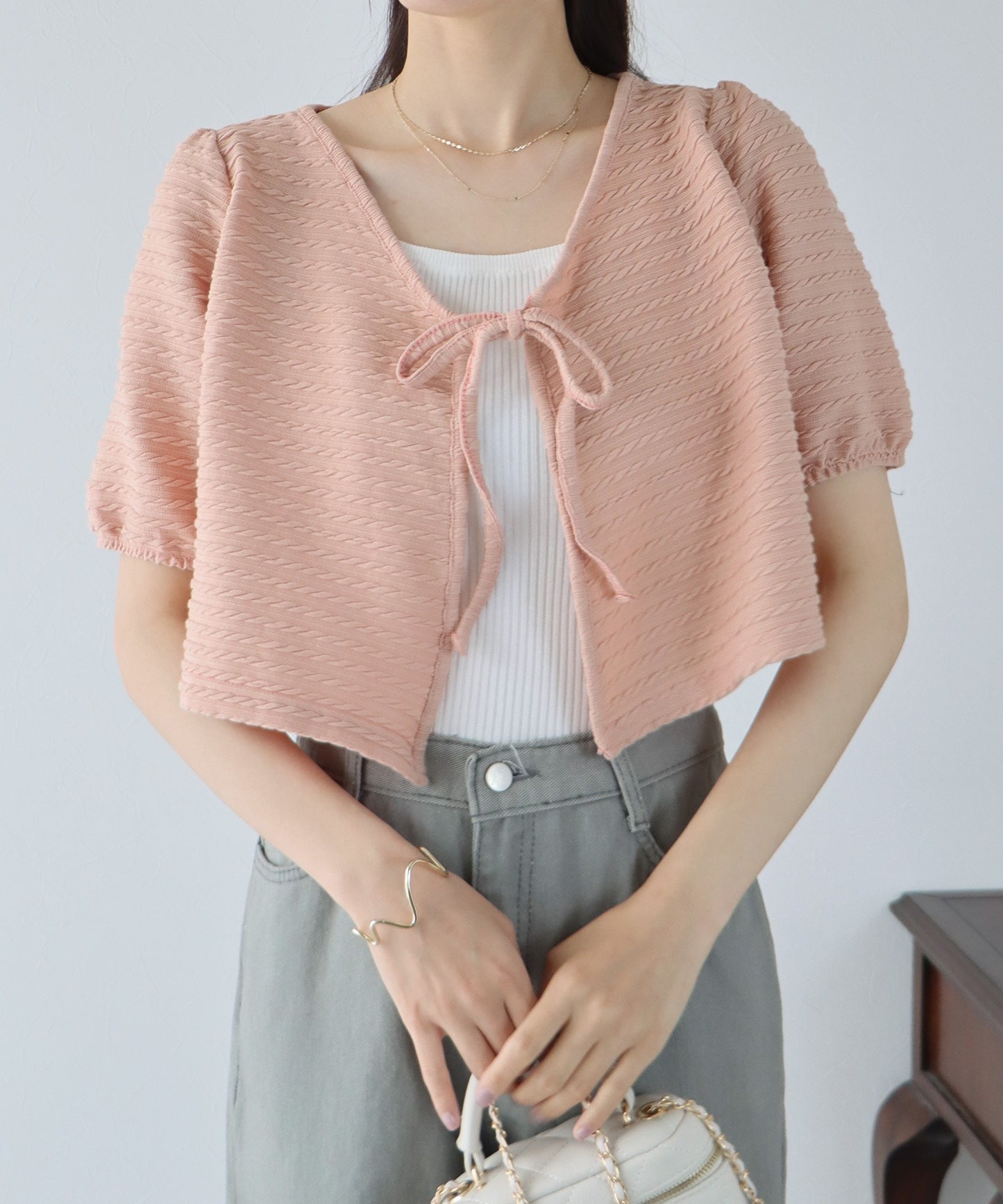 【SALE】半袖ケーブル柄リボンカーディガン