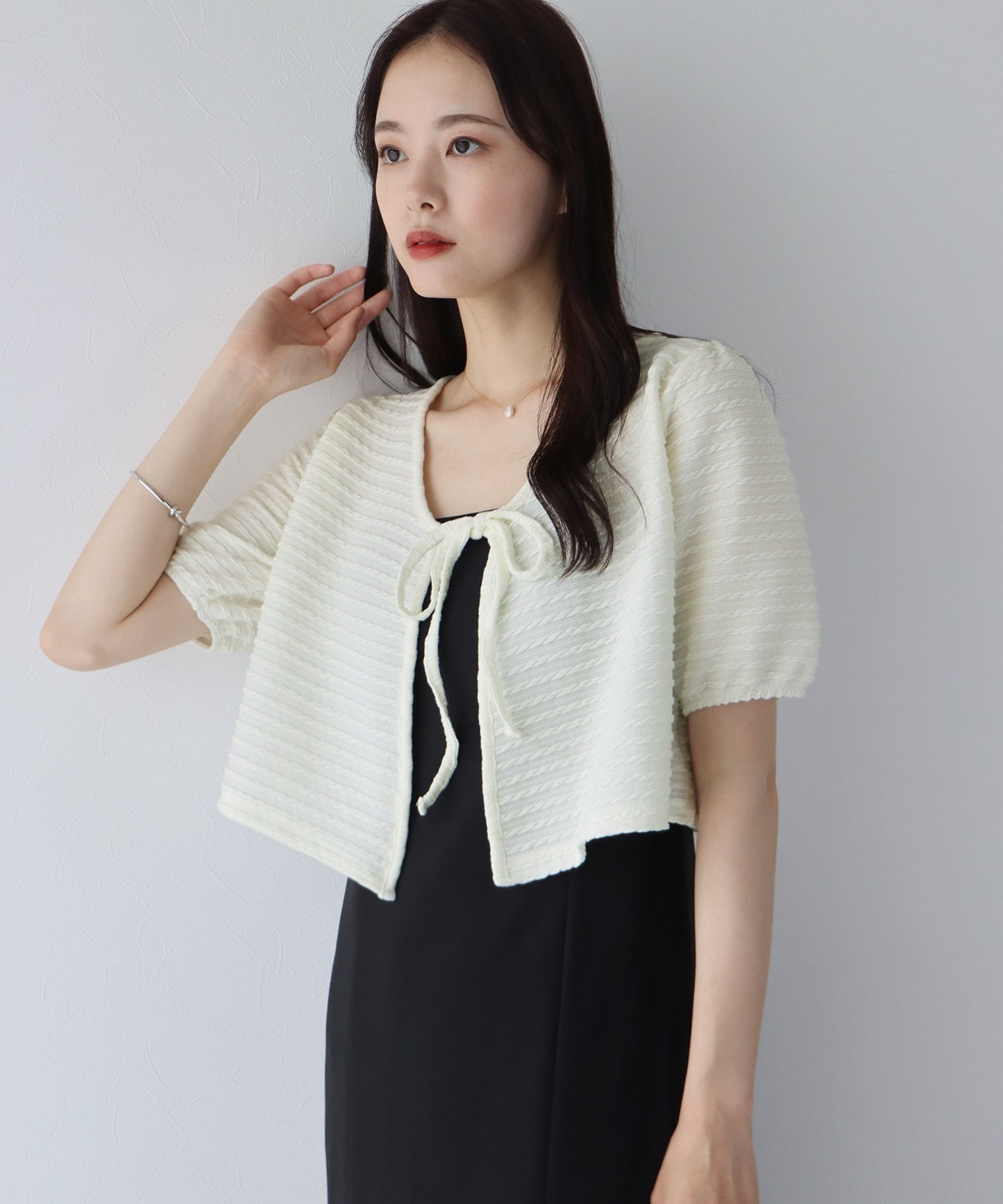 【SALE】半袖ケーブル柄リボンカーディガン