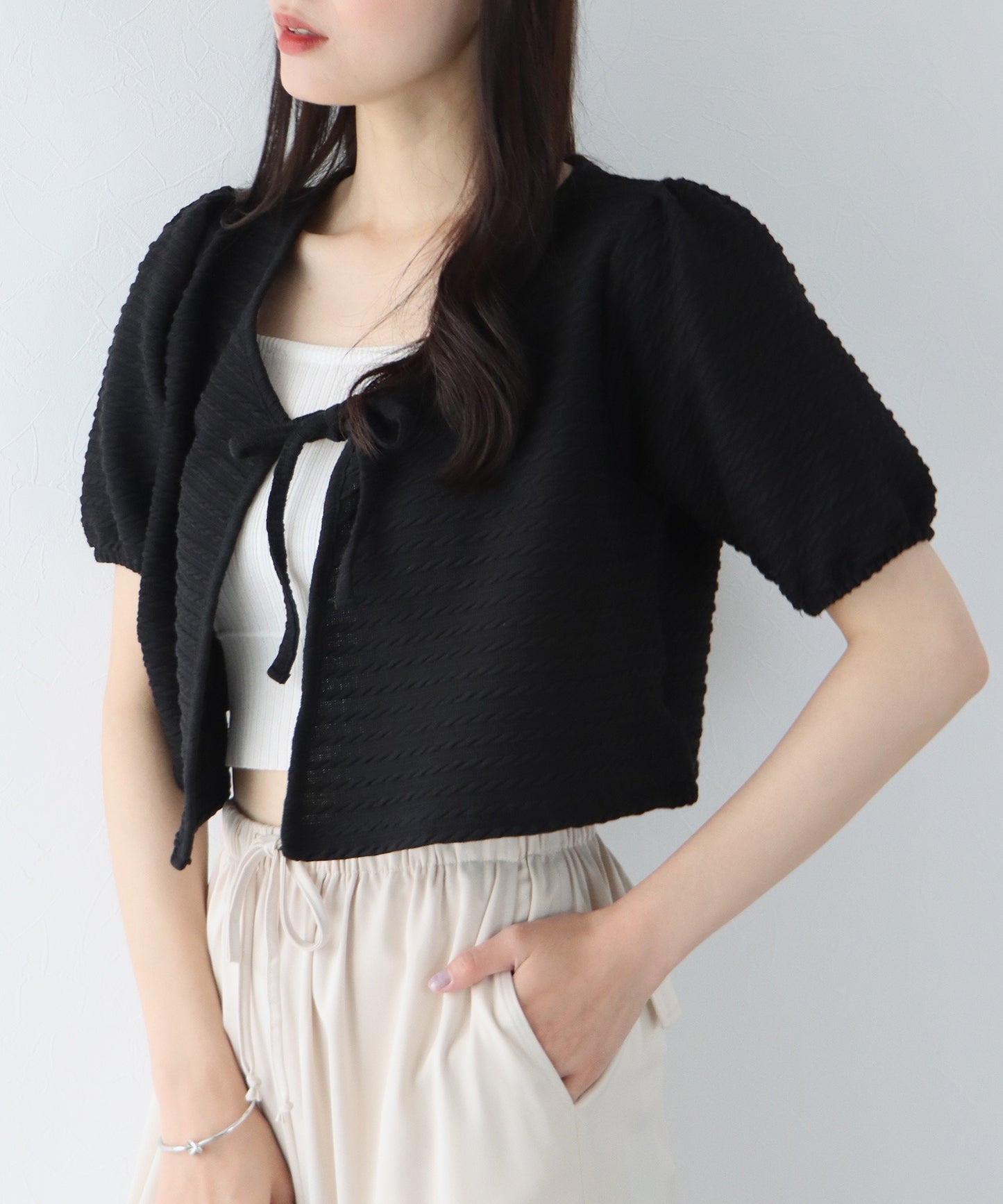 【SALE】半袖ケーブル柄リボンカーディガン