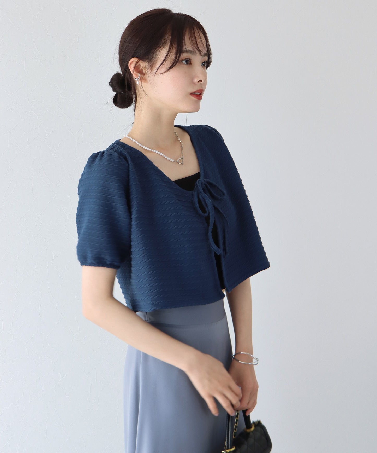 【SALE】半袖ケーブル柄リボンカーディガン