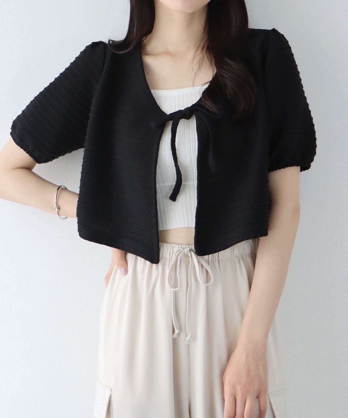 【SALE】半袖ケーブル柄リボンカーディガン