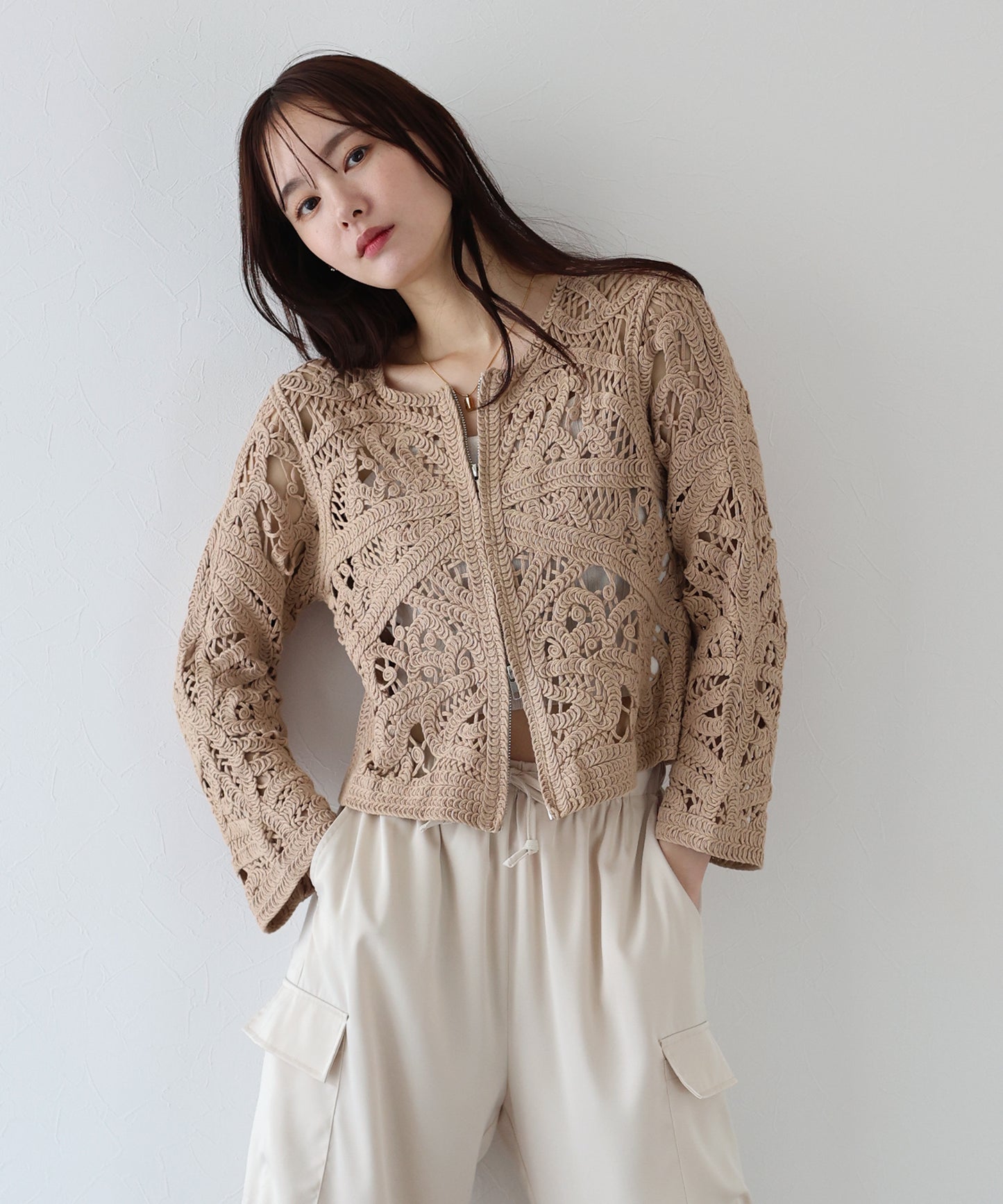 【SALE】ダブルジップクロシェカーディガン