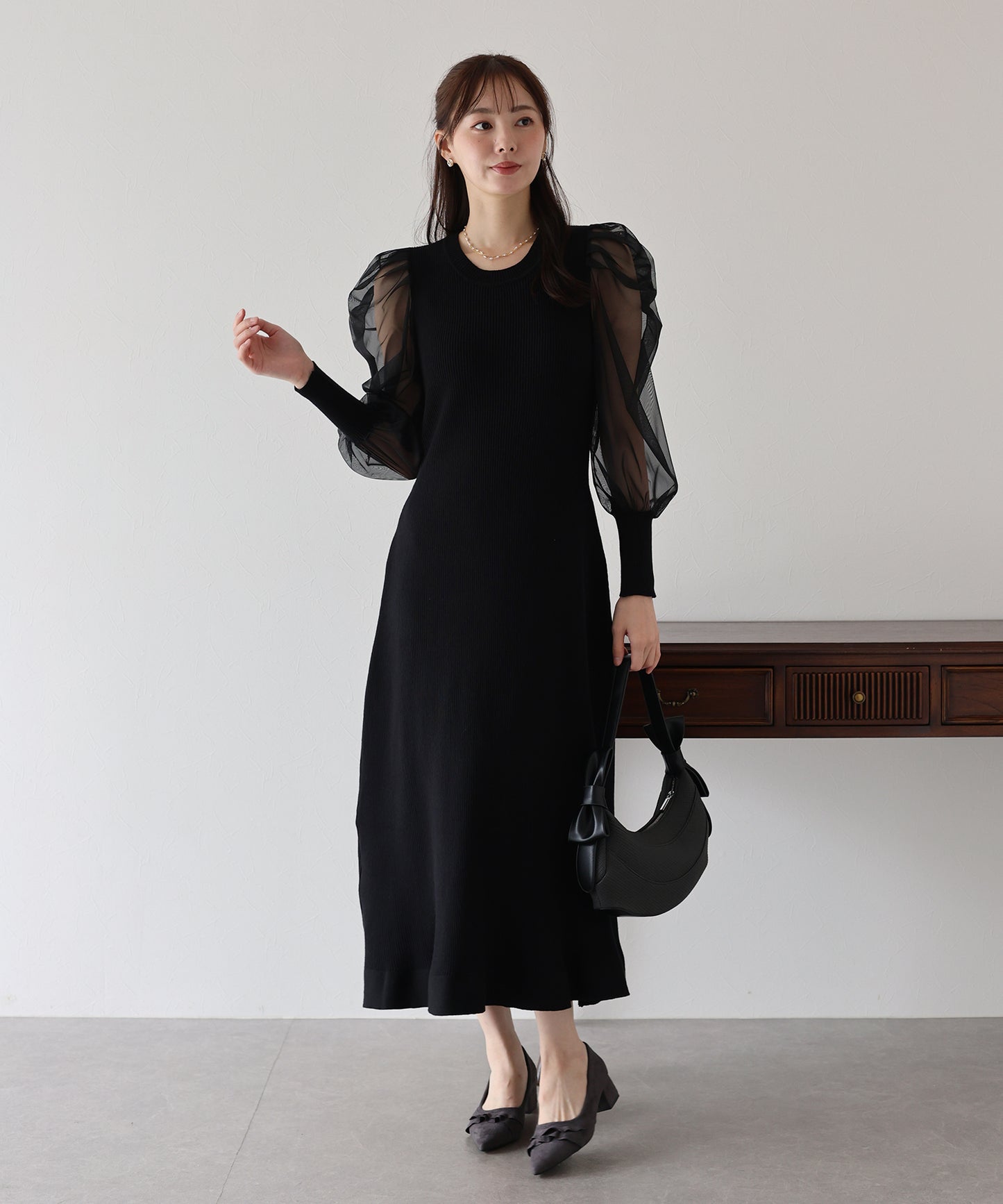 【早割5%OFF】チュール袖マーメイドニットワンピース