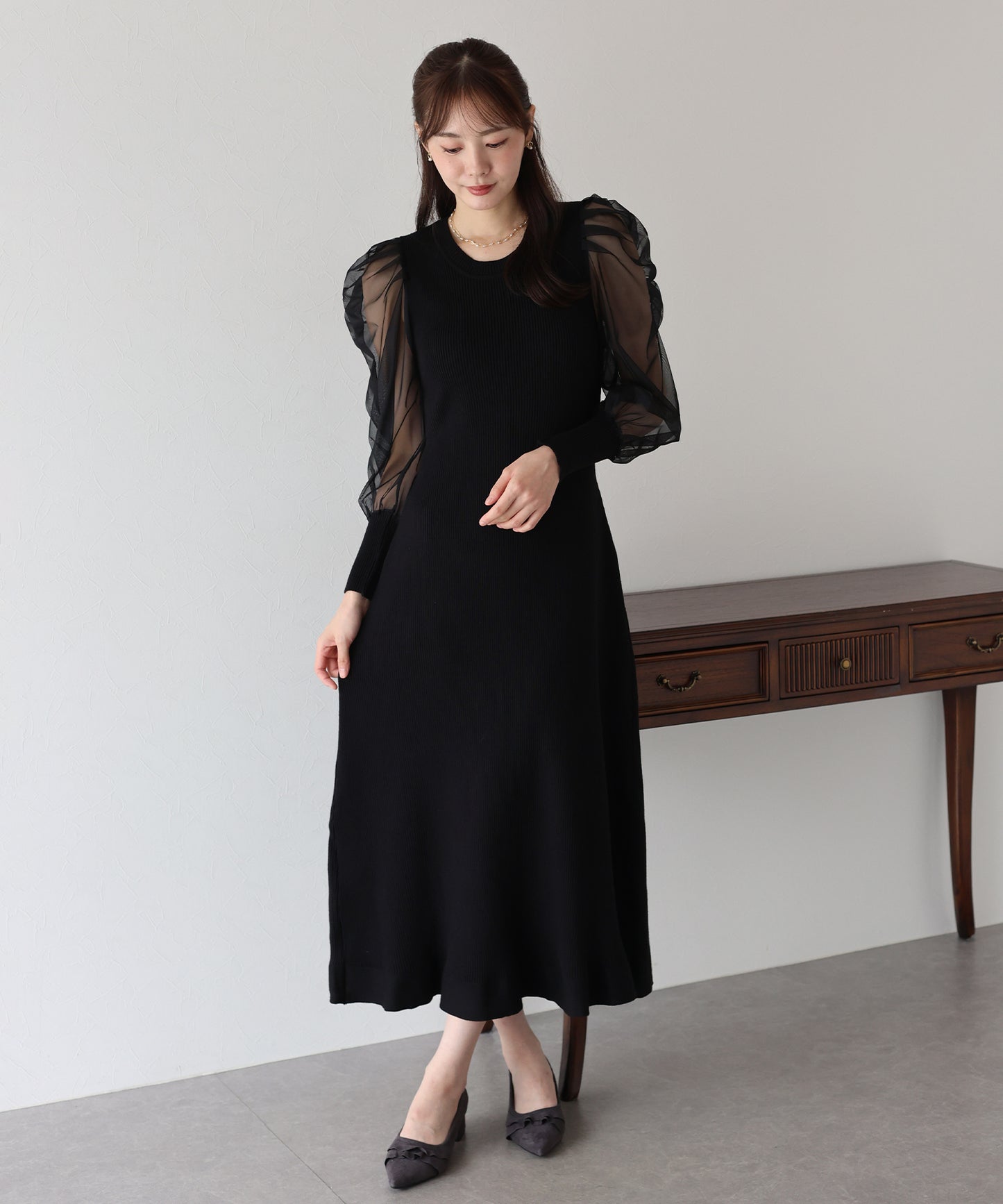 【早割5%OFF】チュール袖マーメイドニットワンピース