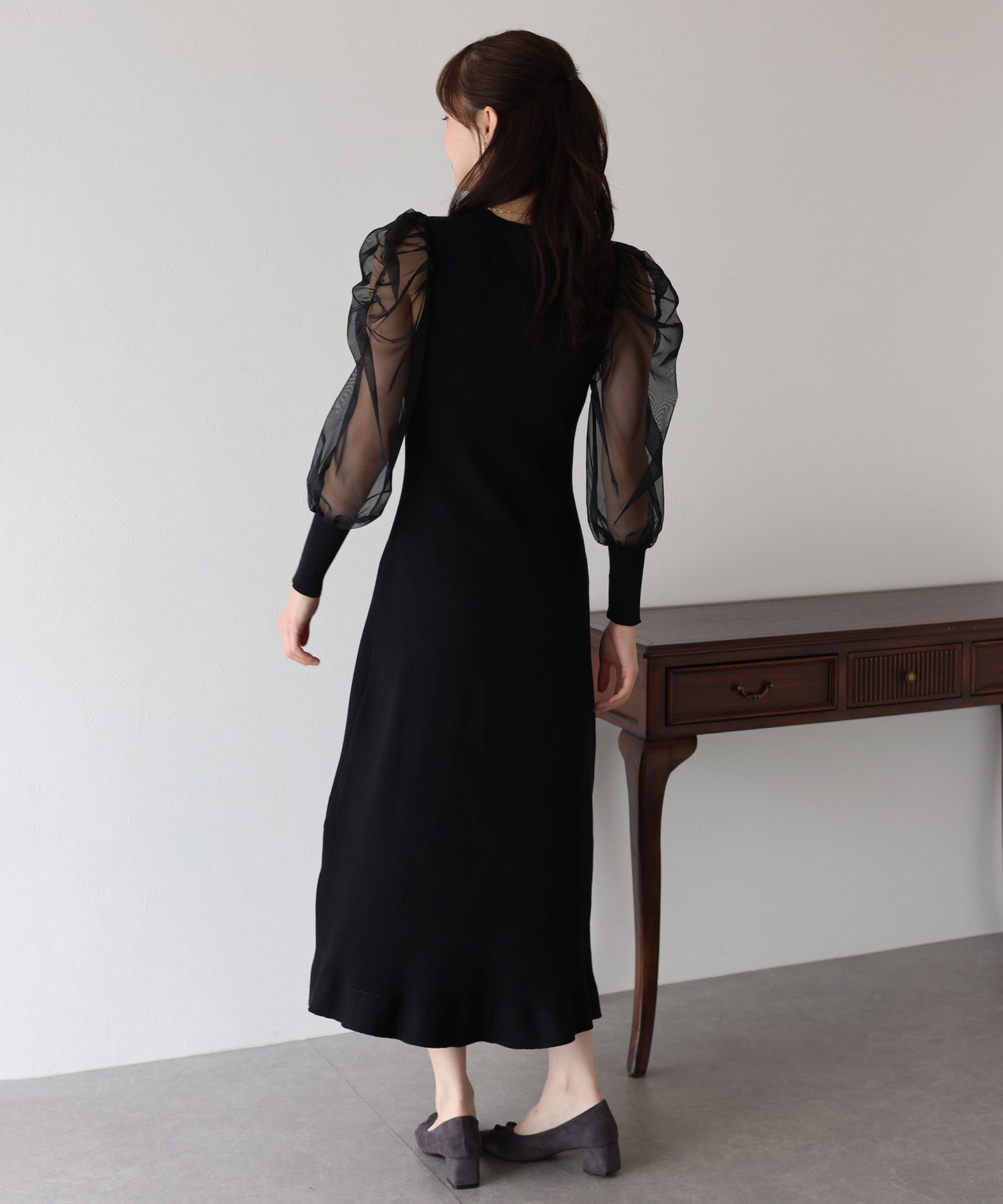 【早割5%OFF】チュール袖マーメイドニットワンピース
