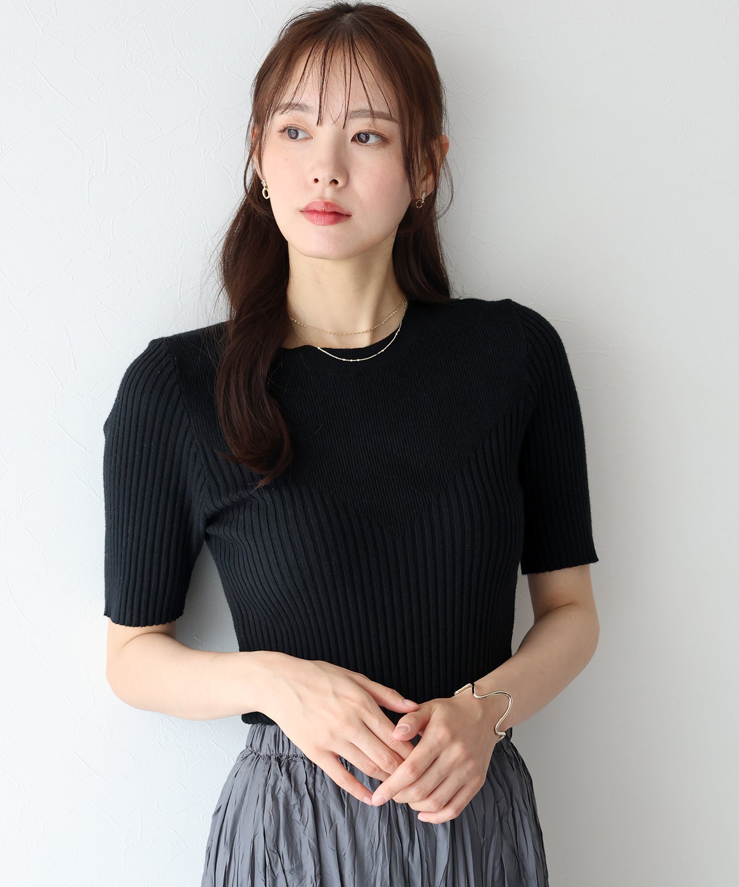 【TIME SALE】切替デザイン半袖リブニット【ネコポス】