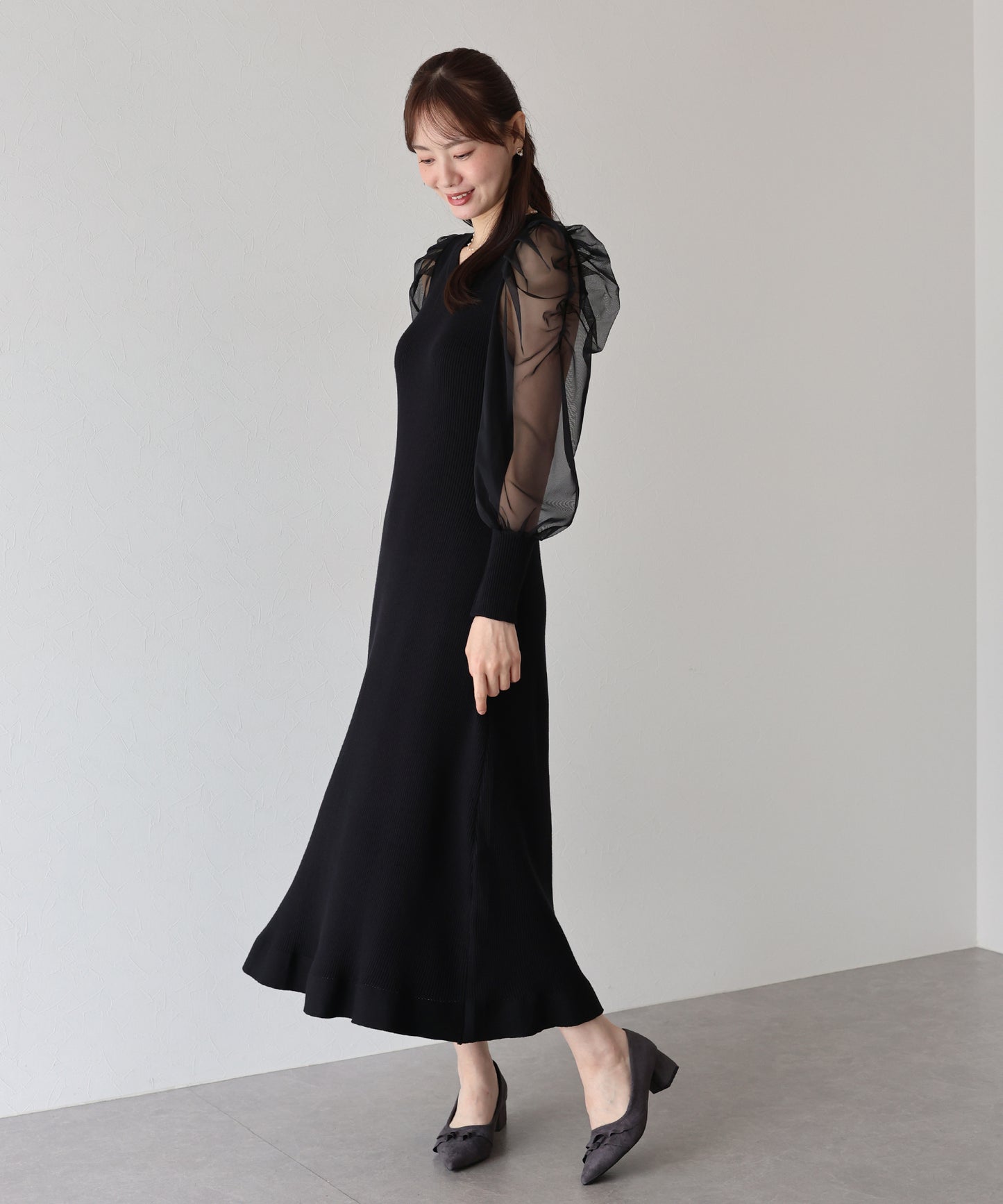 【早割5%OFF】チュール袖マーメイドニットワンピース