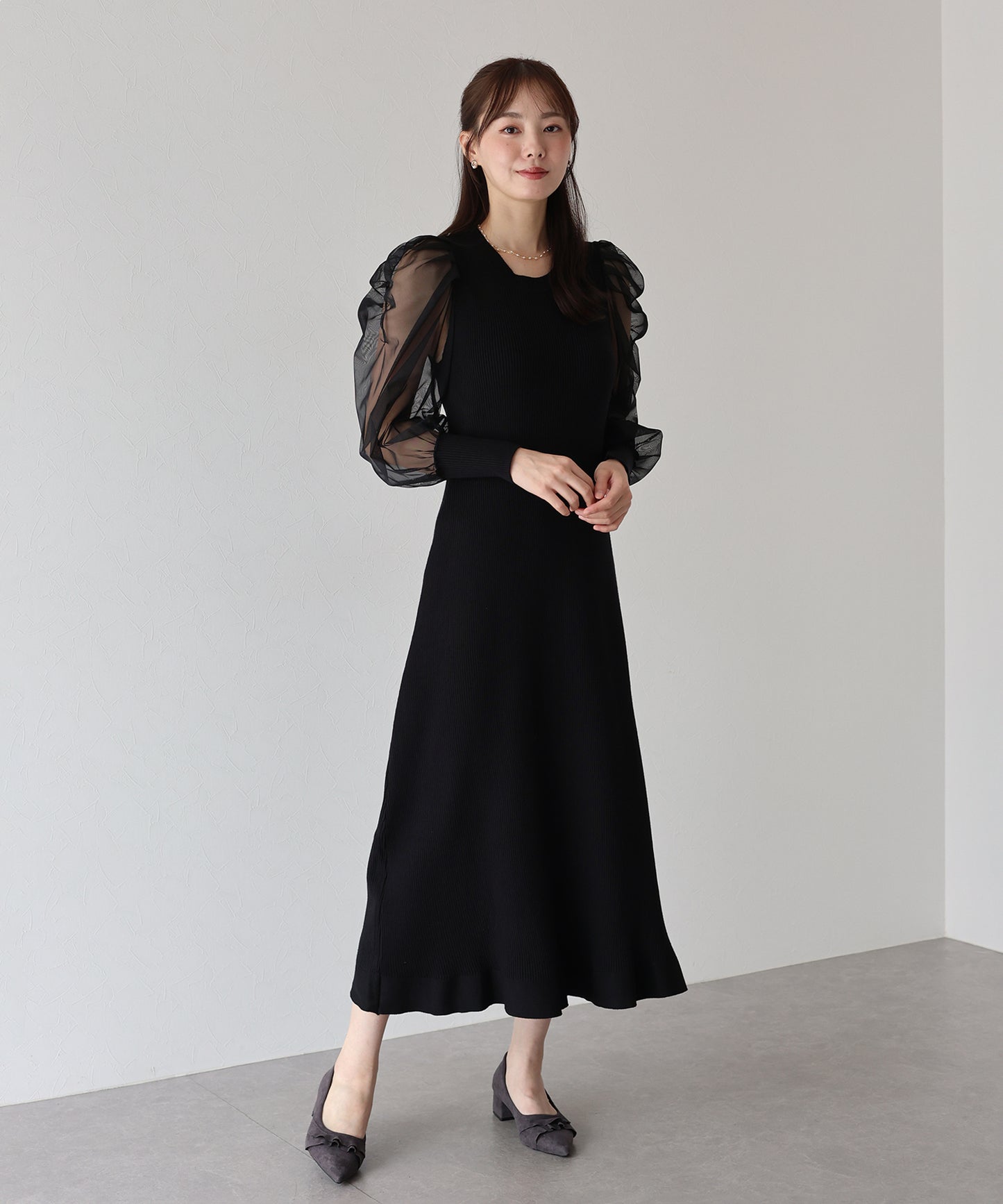 【早割5%OFF】チュール袖マーメイドニットワンピース