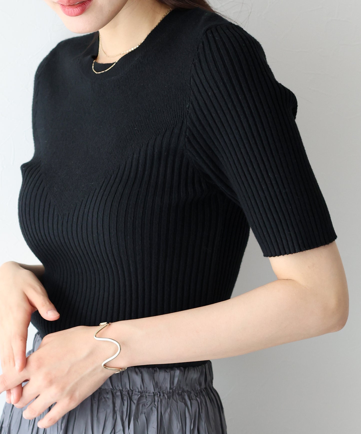 【TIME SALE】切替デザイン半袖リブニット【ネコポス】