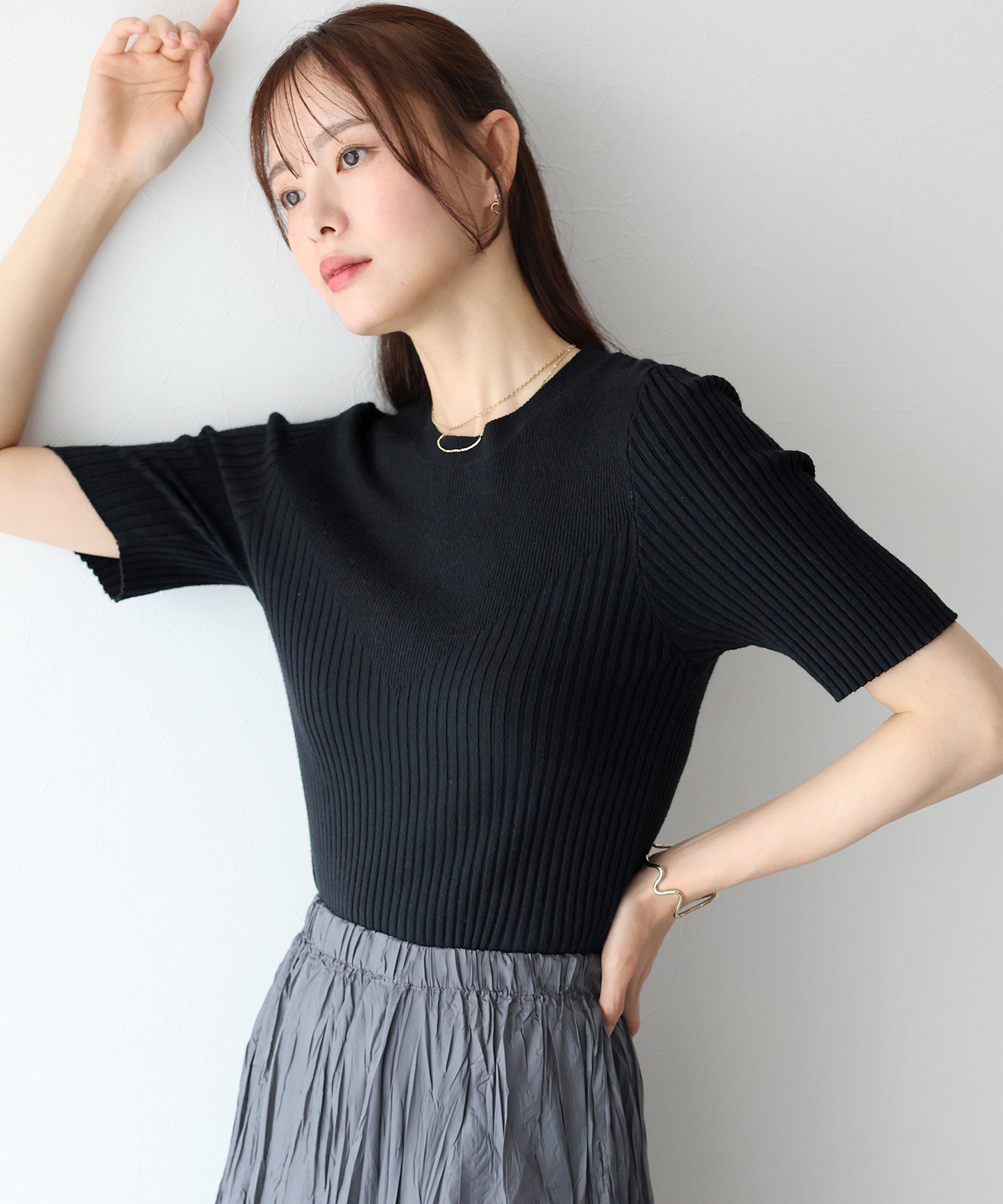 【TIME SALE】切替デザイン半袖リブニット【ネコポス】