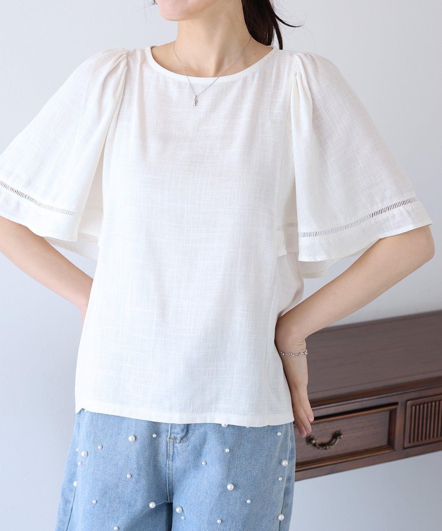 【SALE】ケープ袖リネンブラウス【ネコポス】