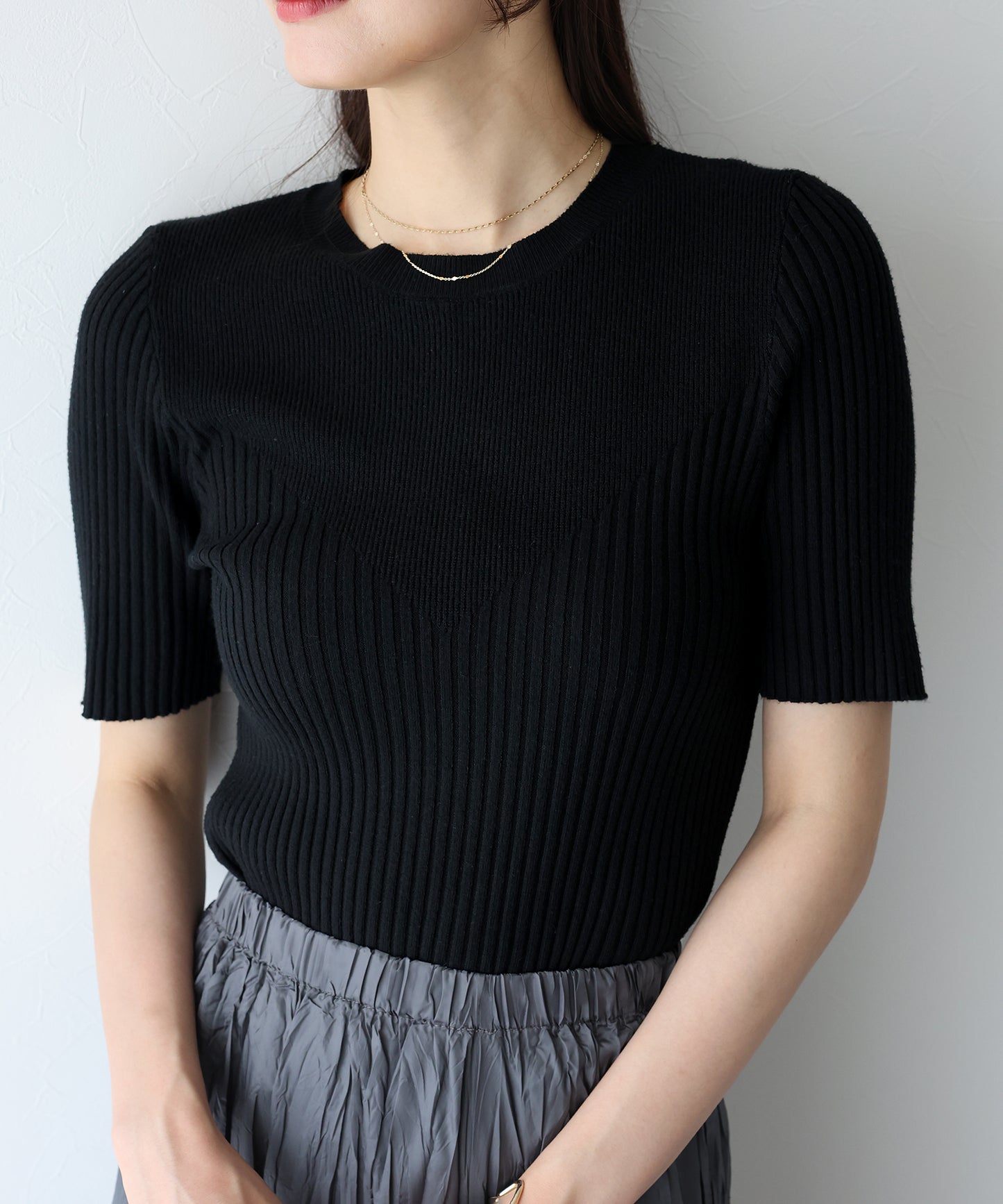 【TIME SALE】切替デザイン半袖リブニット【ネコポス】