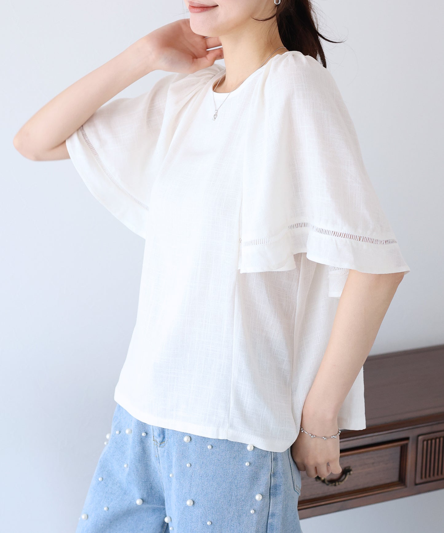 【SALE】ケープ袖リネンブラウス【ネコポス】