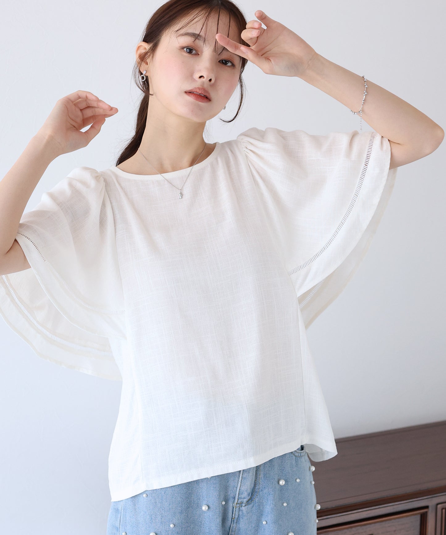 【SALE】ケープ袖リネンブラウス【ネコポス】