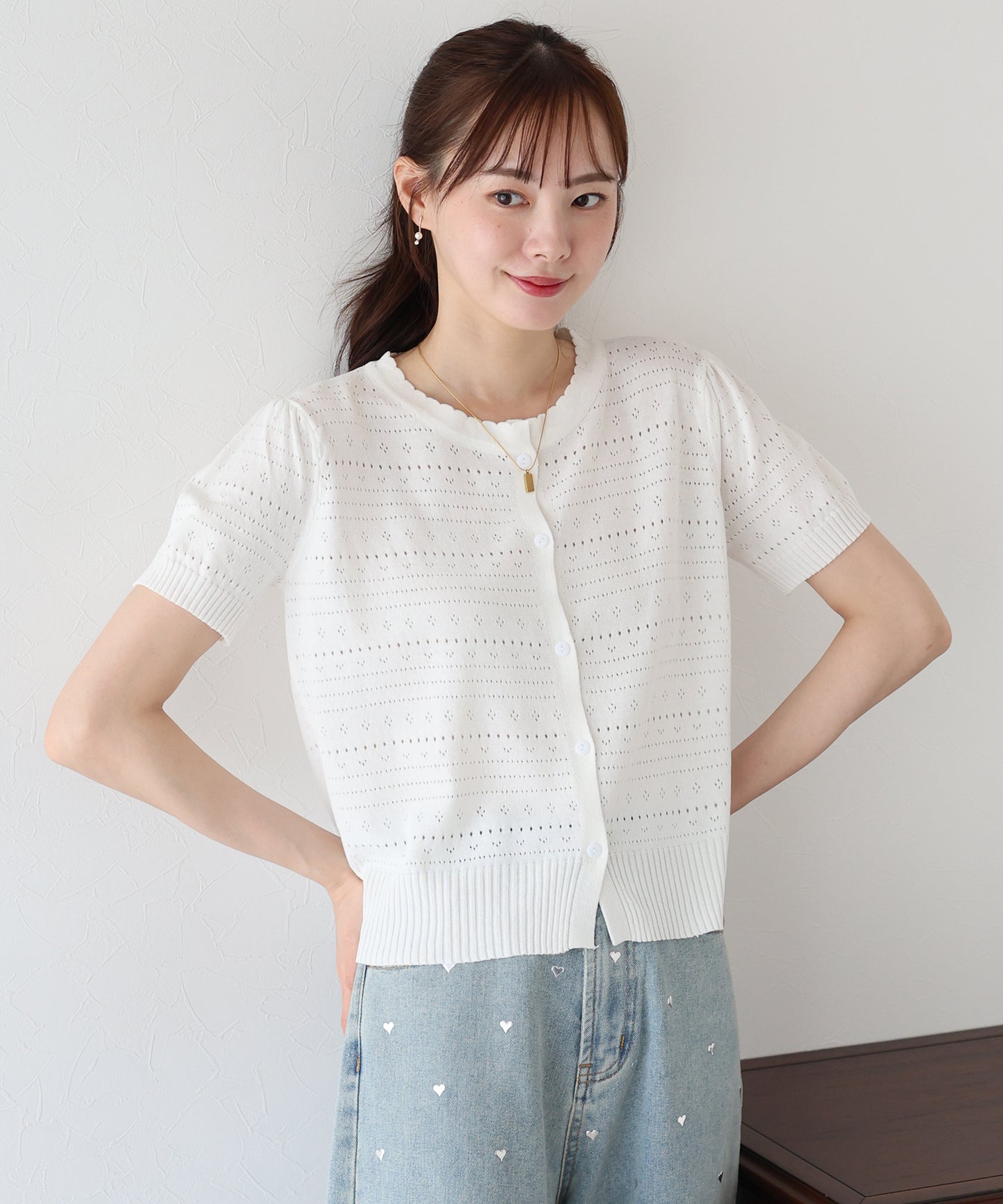 【SALE】透かし編み半袖ニットカーディガン【ネコポス】