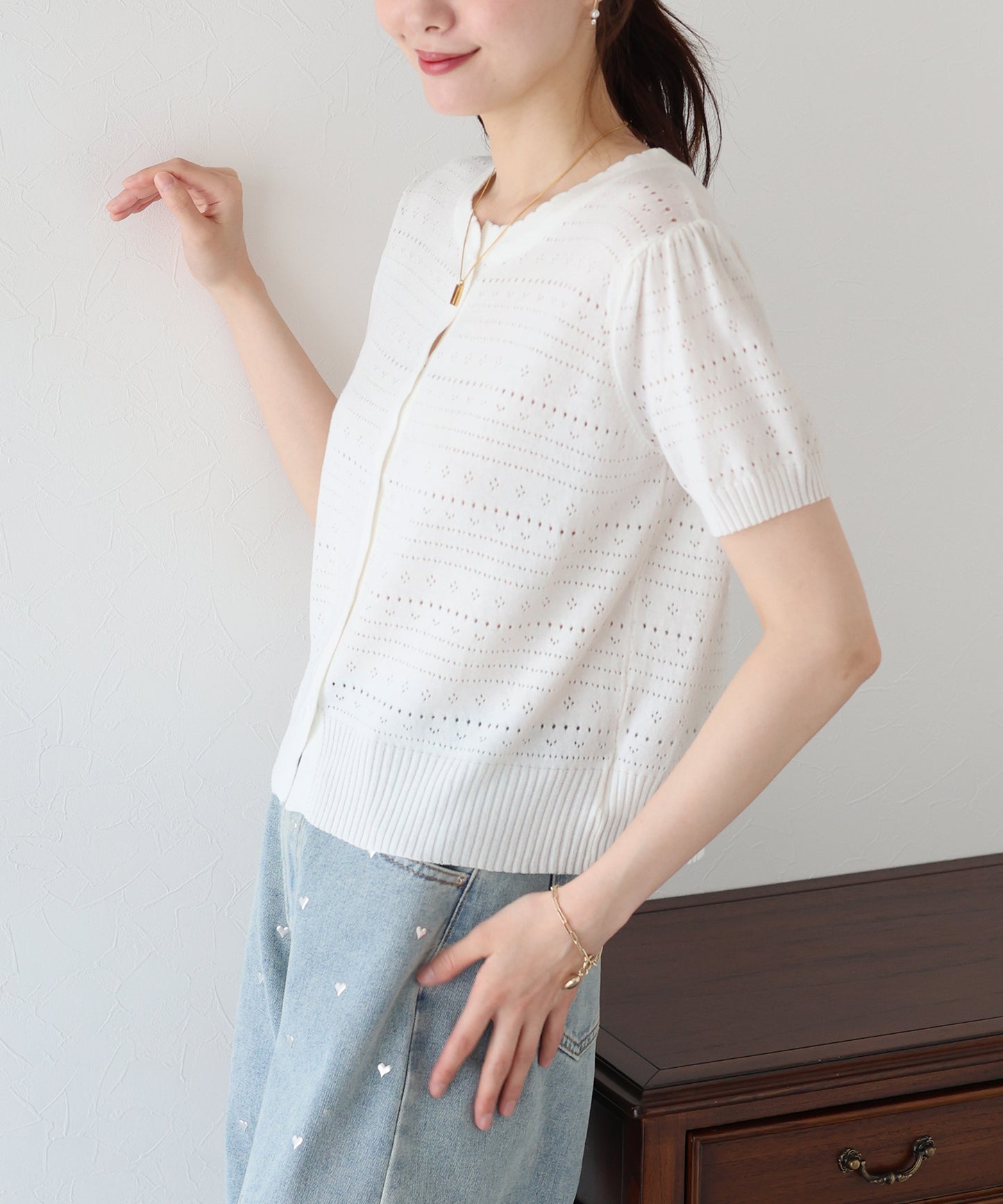 【SALE】透かし編み半袖ニットカーディガン【ネコポス】