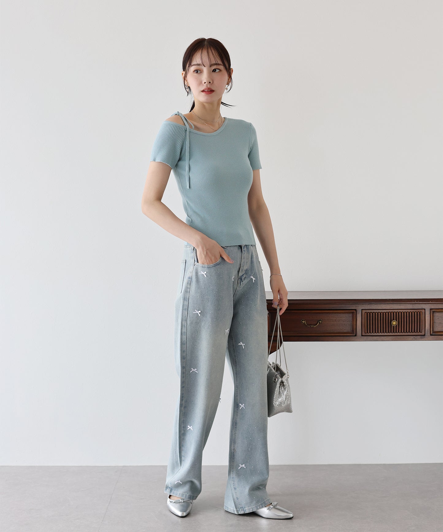 【SALE】ワンオフショルダーリボンニット【ネコポス】