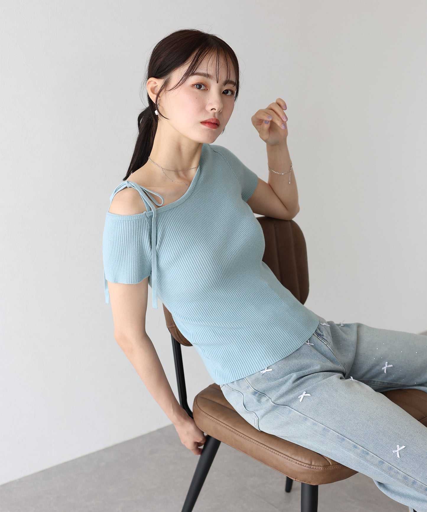 【SALE】ワンオフショルダーリボンニット【ネコポス】