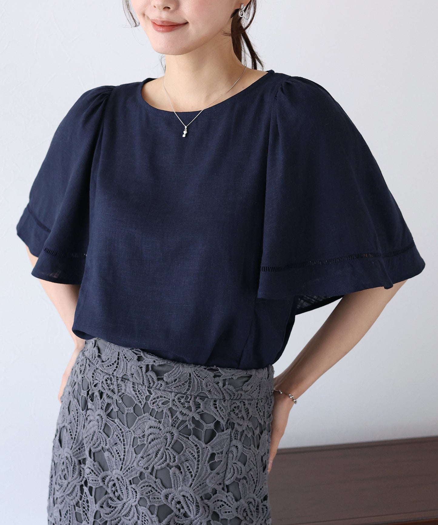 【SALE】ケープ袖リネンブラウス【ネコポス】