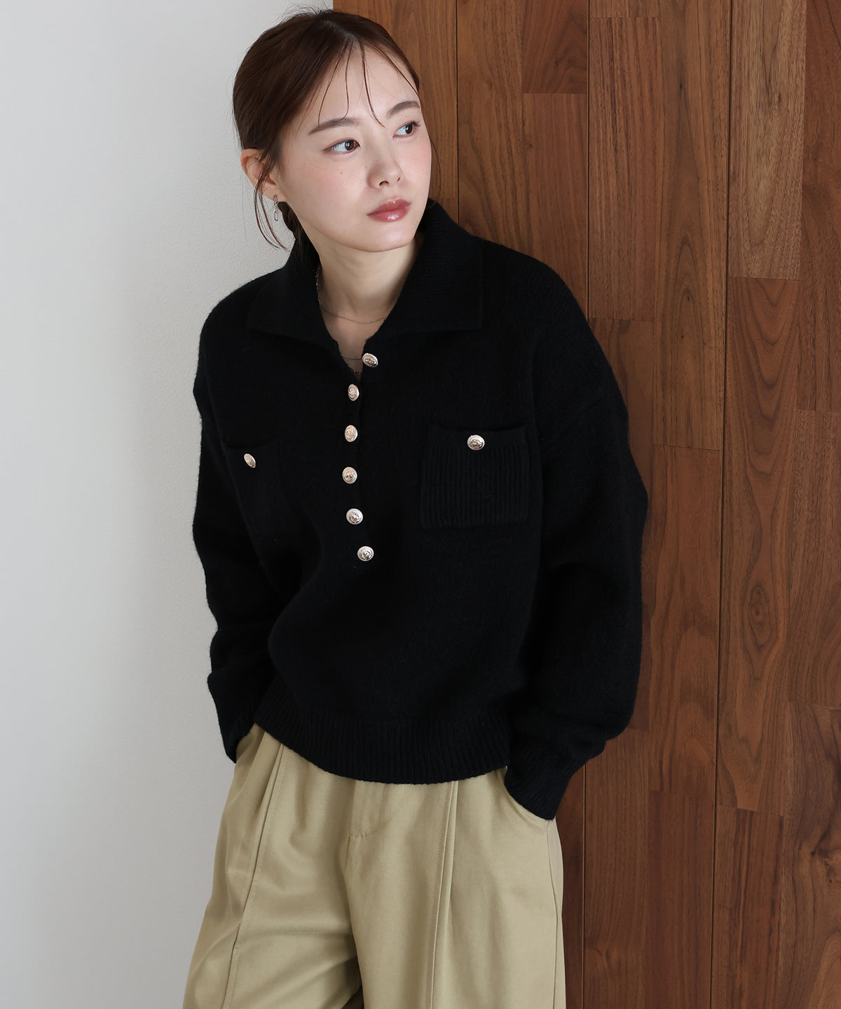 【早割5%OFF】ゴールドボタンポロニット