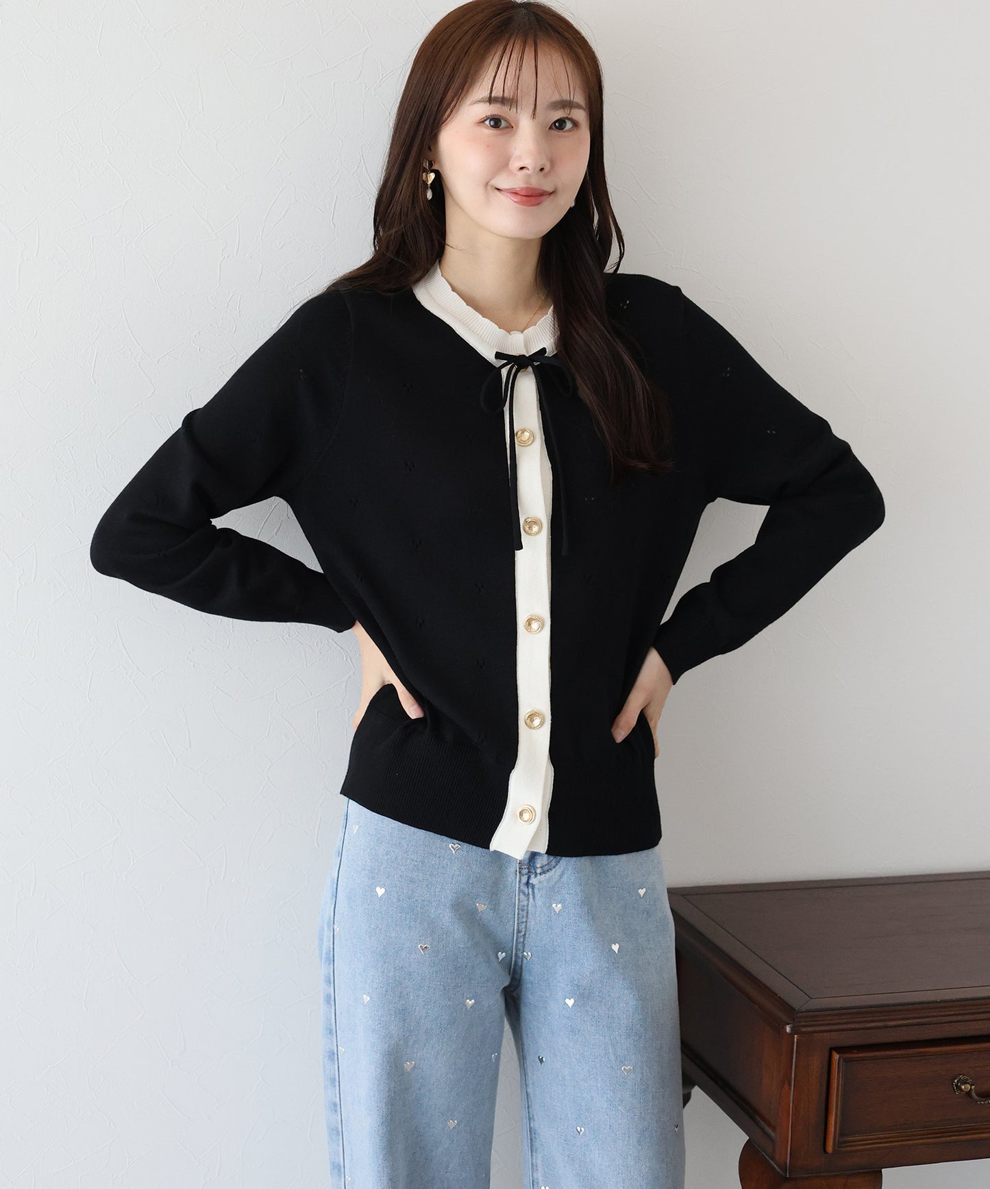 【SALE】透かしリボン配色カーディガン