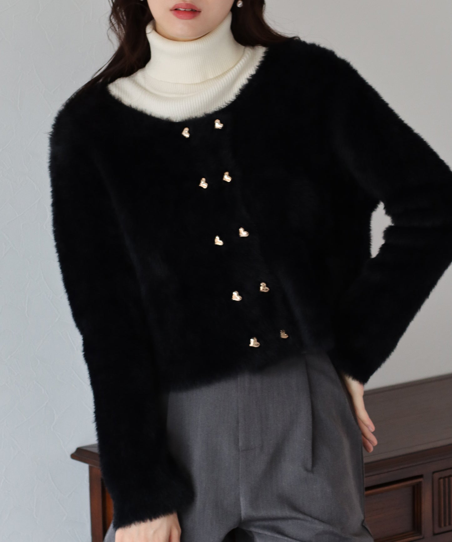 ハートボタンシャギーカーディガン