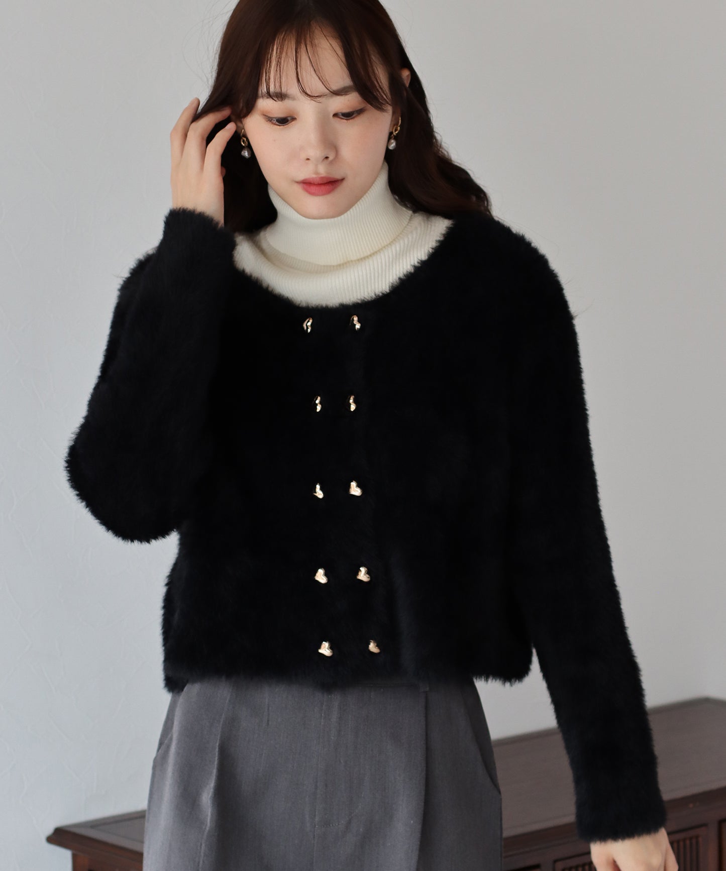 ハートボタンシャギーカーディガン