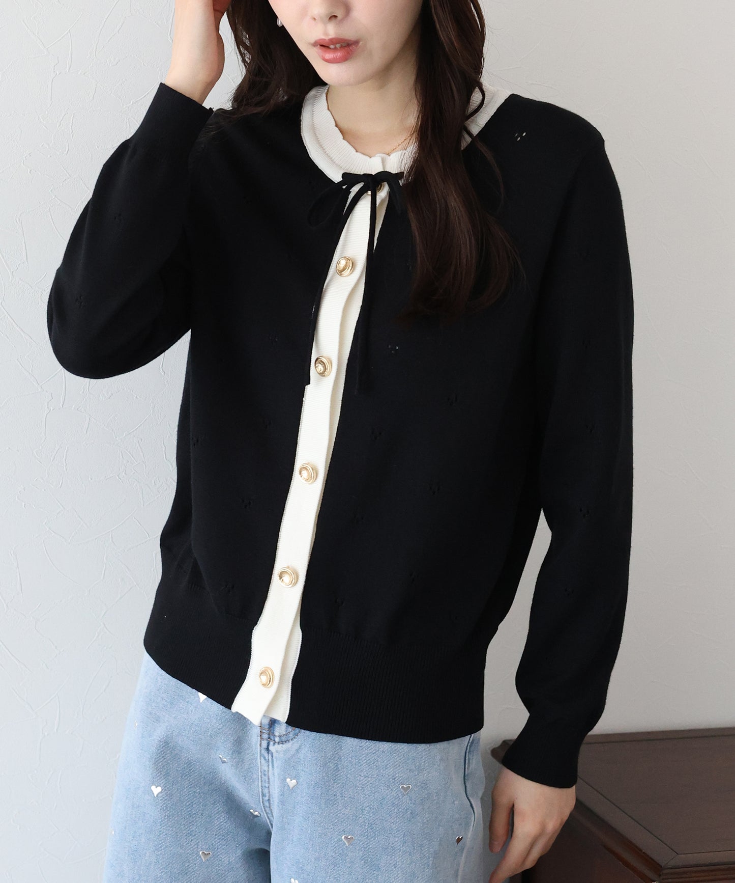 【SALE】透かしリボン配色カーディガン