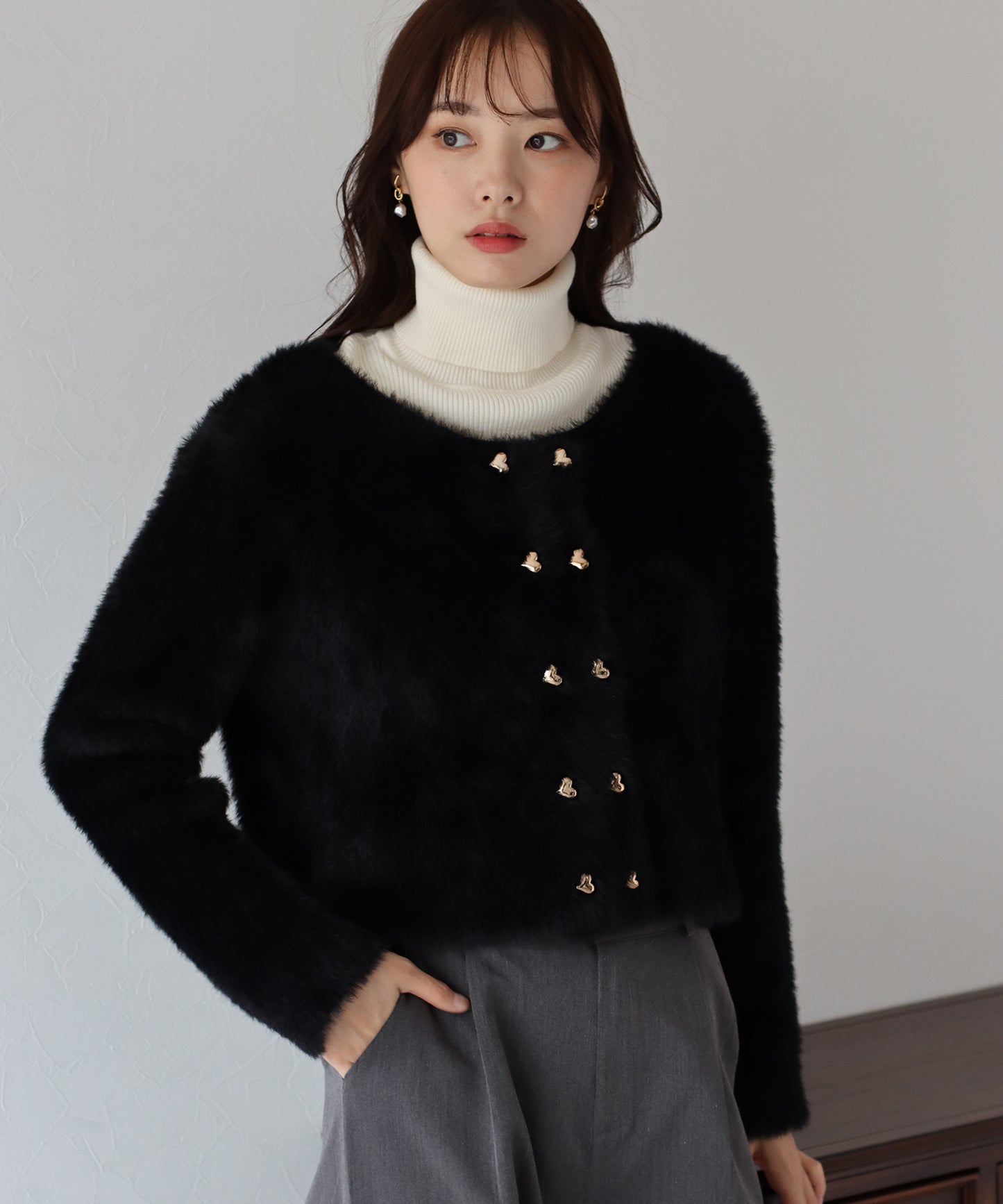 ハートボタンシャギーカーディガン