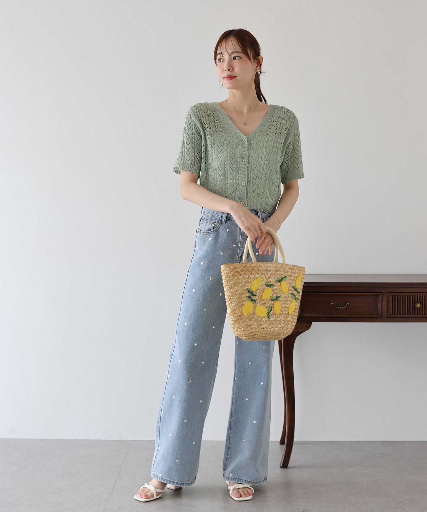 【TIME SALE】透かし編みVネック半袖カーディガン