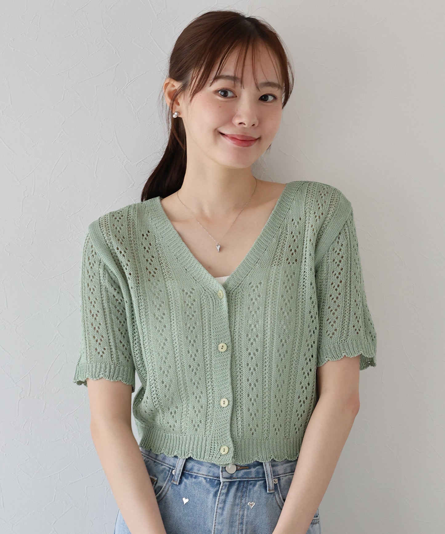 【TIME SALE】透かし編みVネック半袖カーディガン