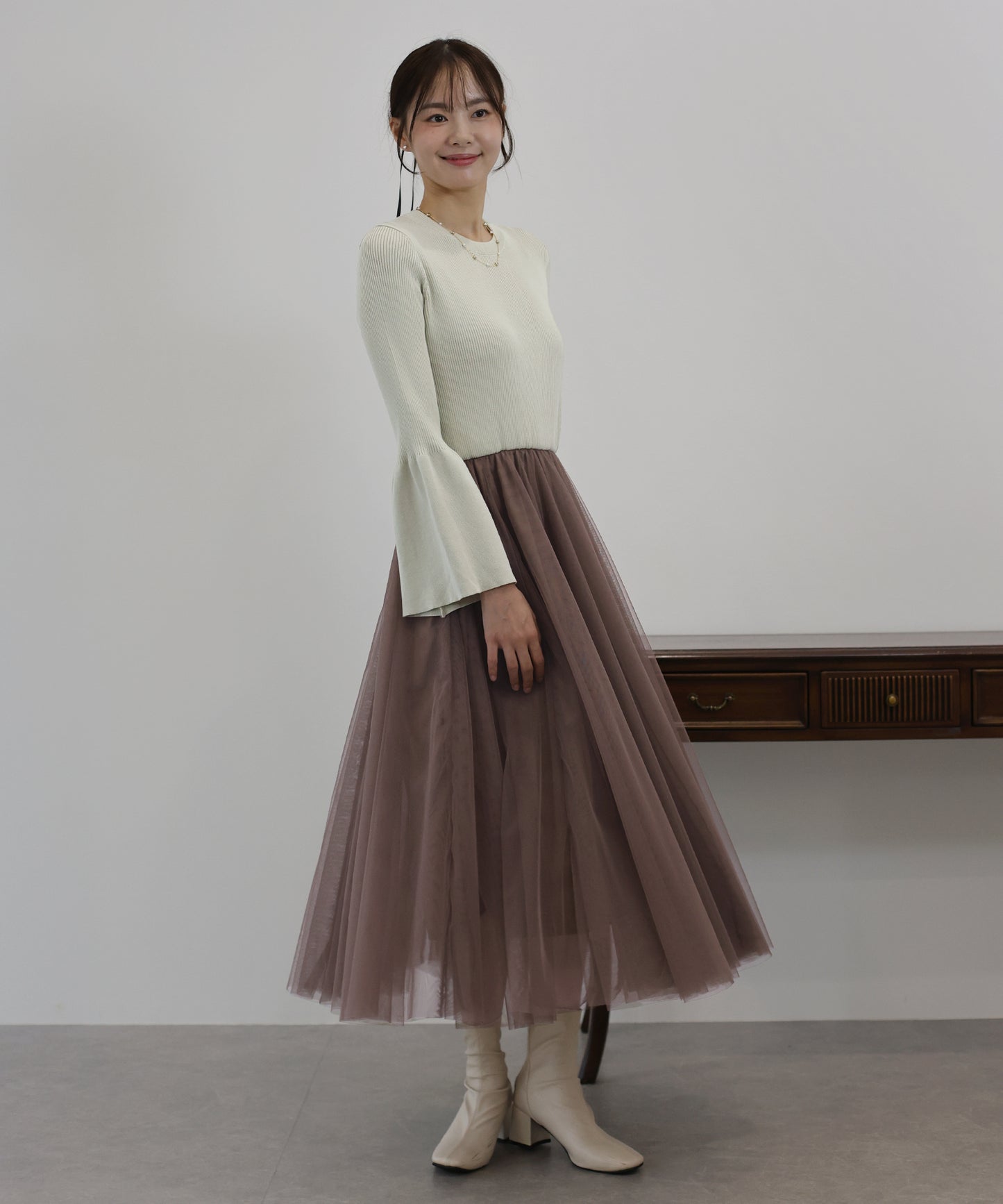 【SALE】チュールニットドッキングワンピース