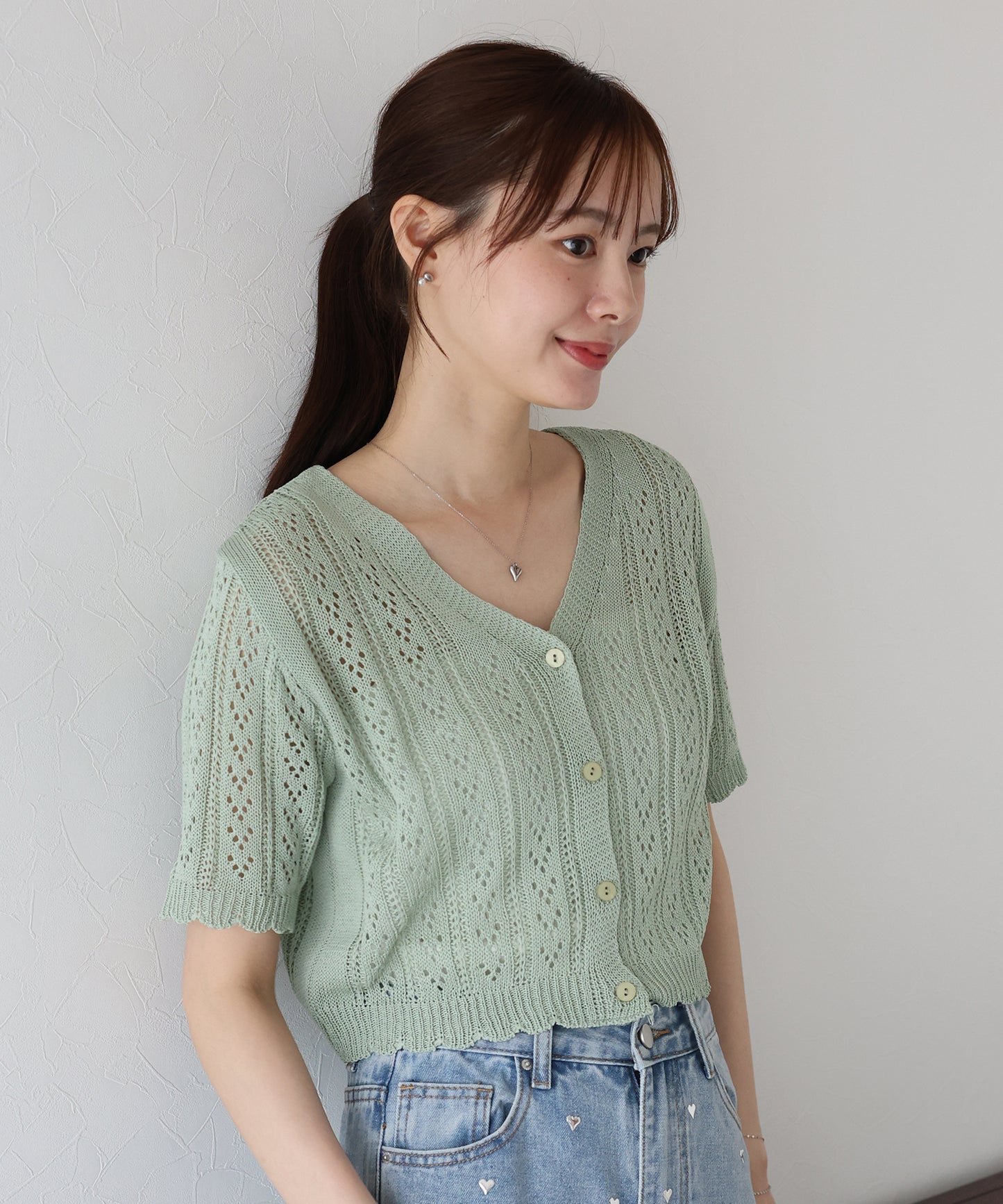 【TIME SALE】透かし編みVネック半袖カーディガン