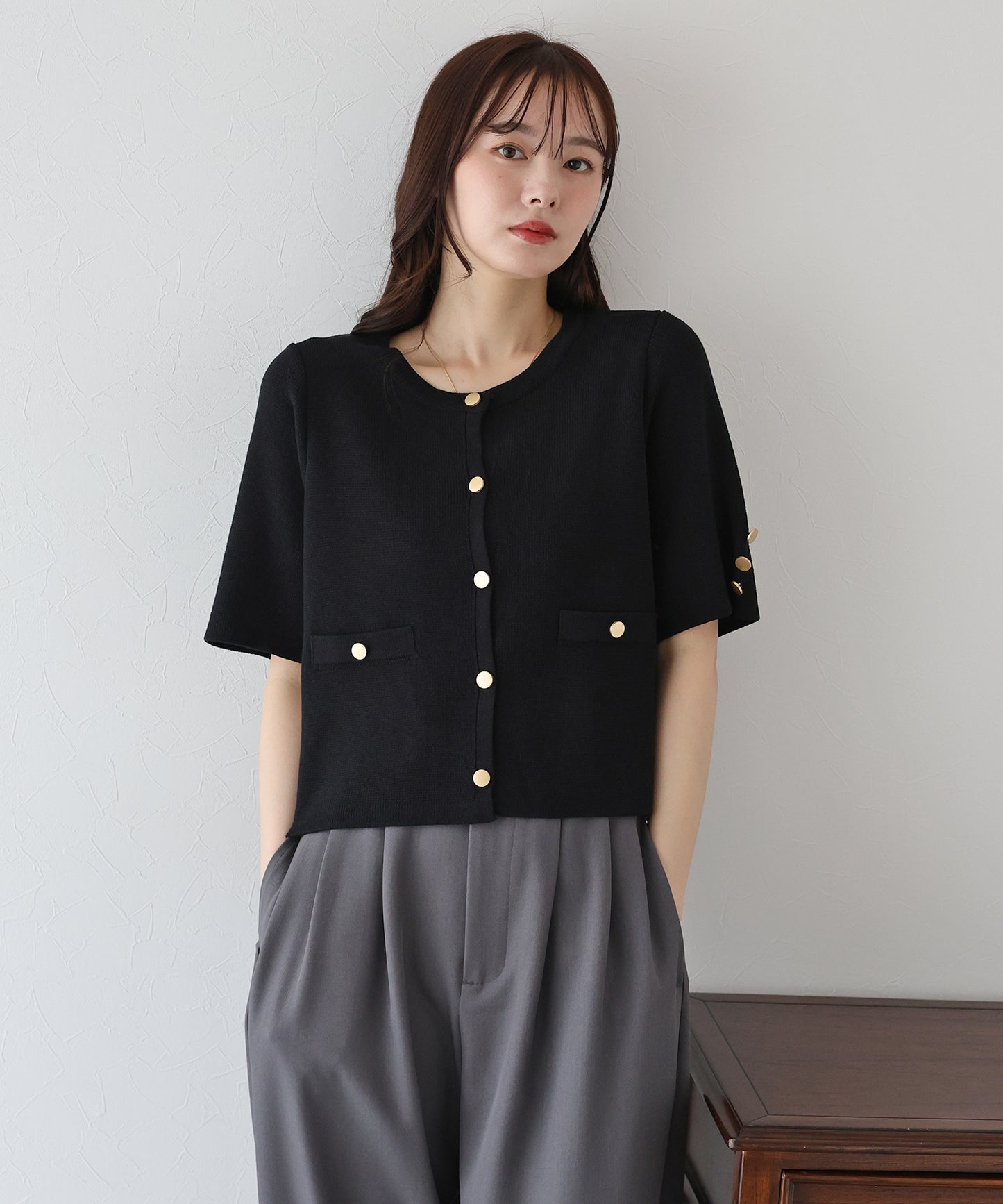 【TIME SALE】金ボタン半袖ニットジャケット