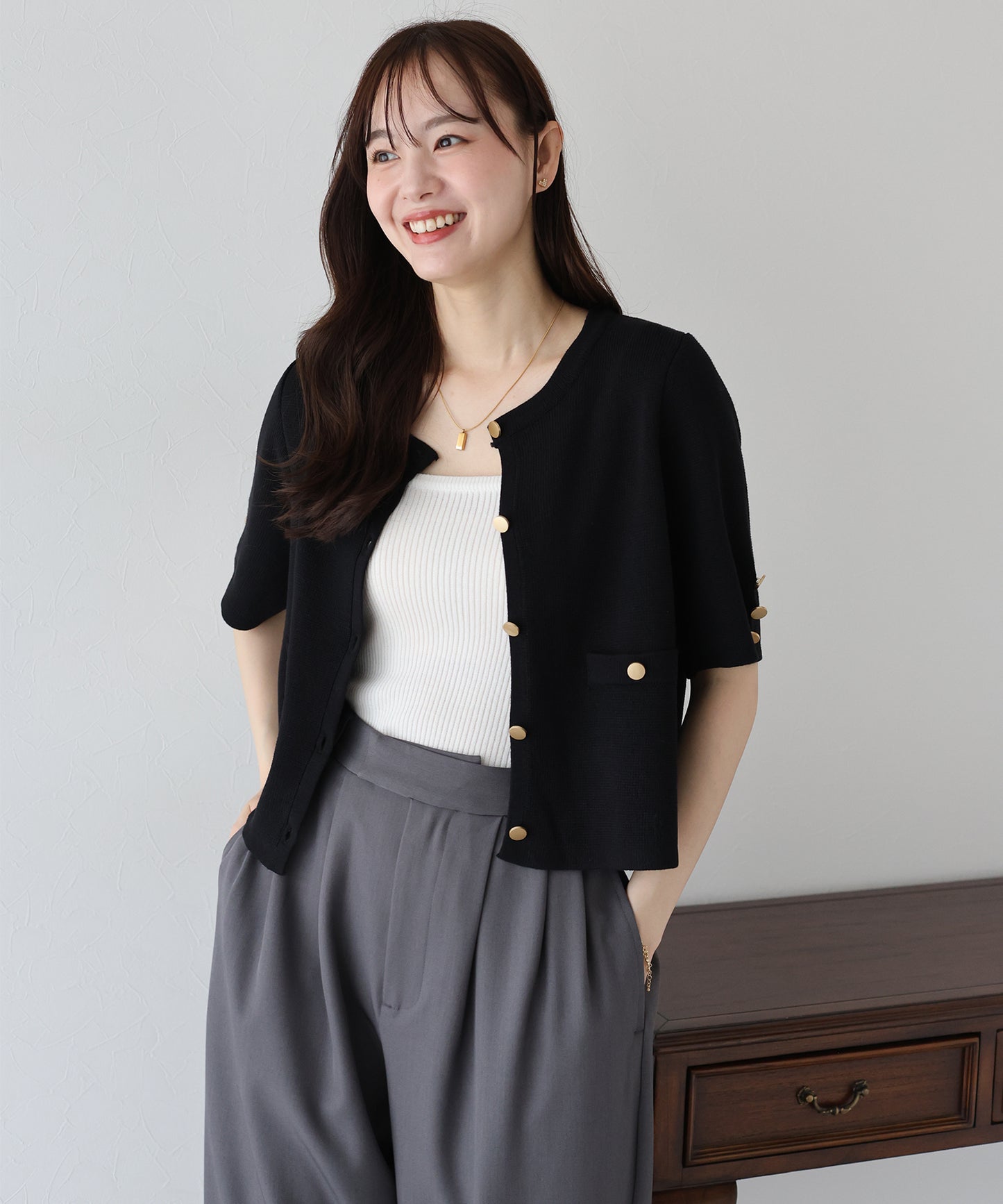 【TIME SALE】金ボタン半袖ニットジャケット