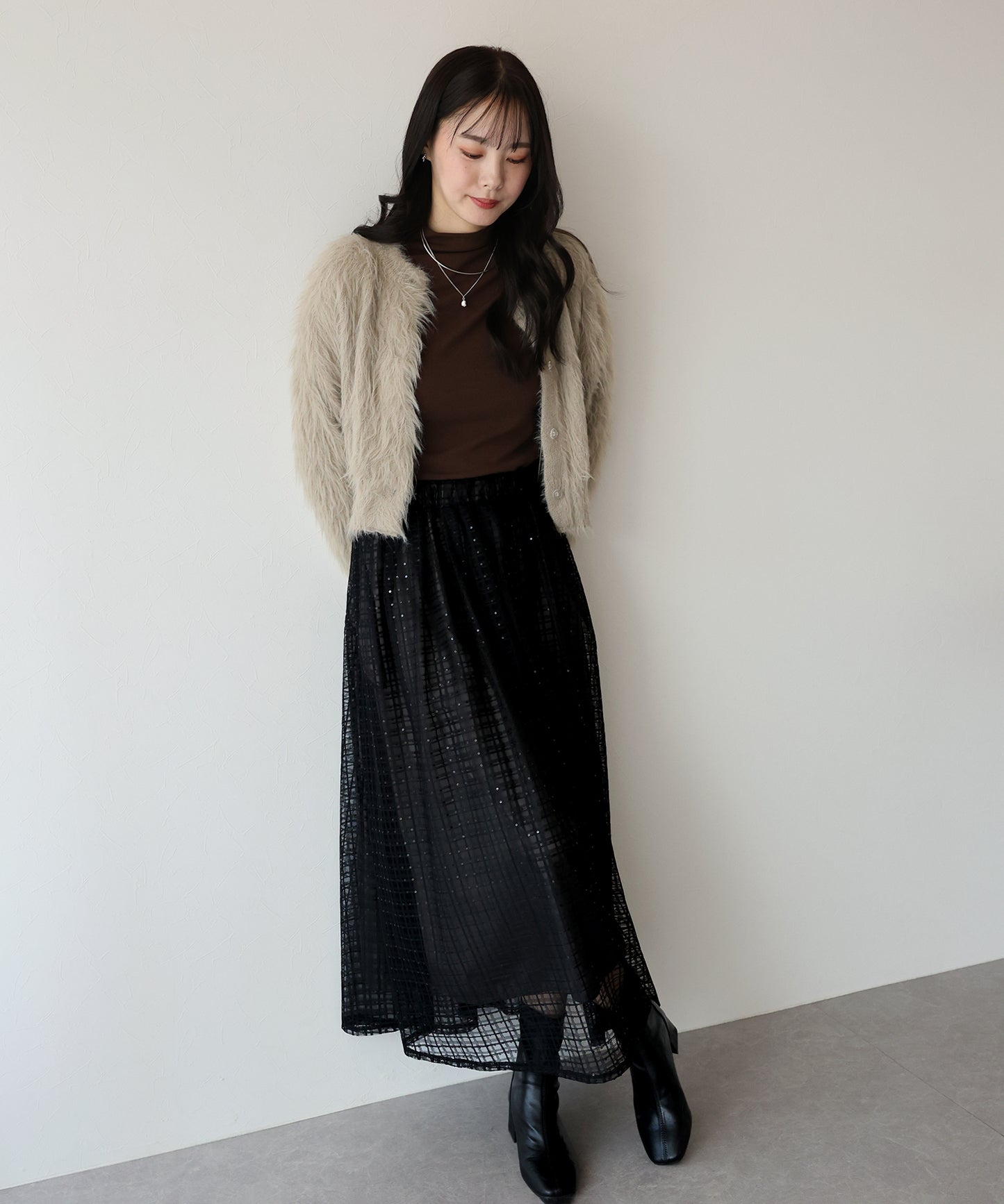 【SALE】ツイード風シアーチェックフレアスカート