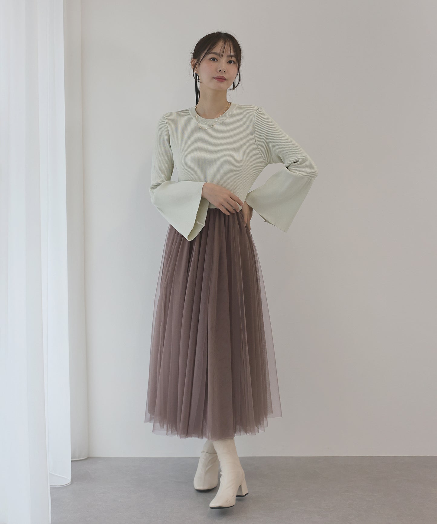 【SALE】チュールニットドッキングワンピース