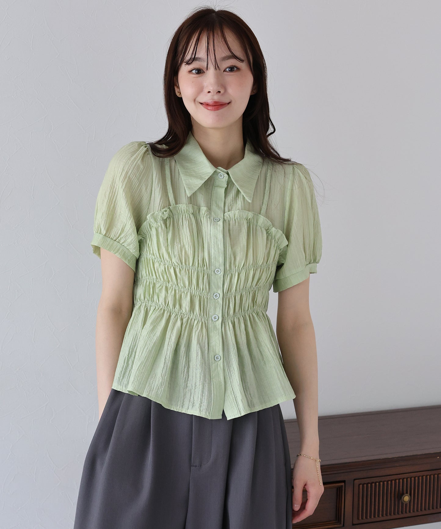 【TIME SALE】シャーリングビスチェレイヤードシアーシャツ【ネコポス】