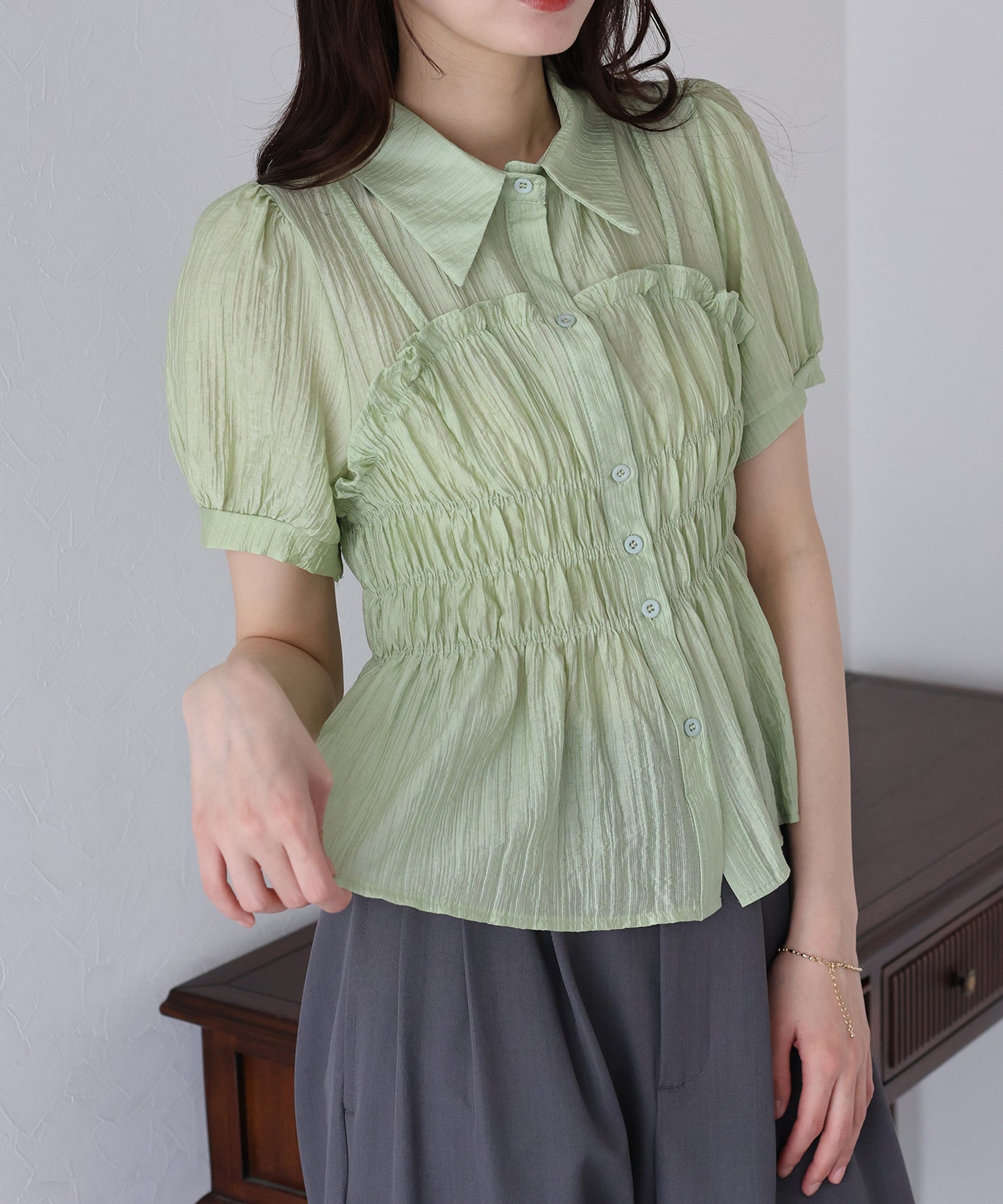 【TIME SALE】シャーリングビスチェレイヤードシアーシャツ【ネコポス】