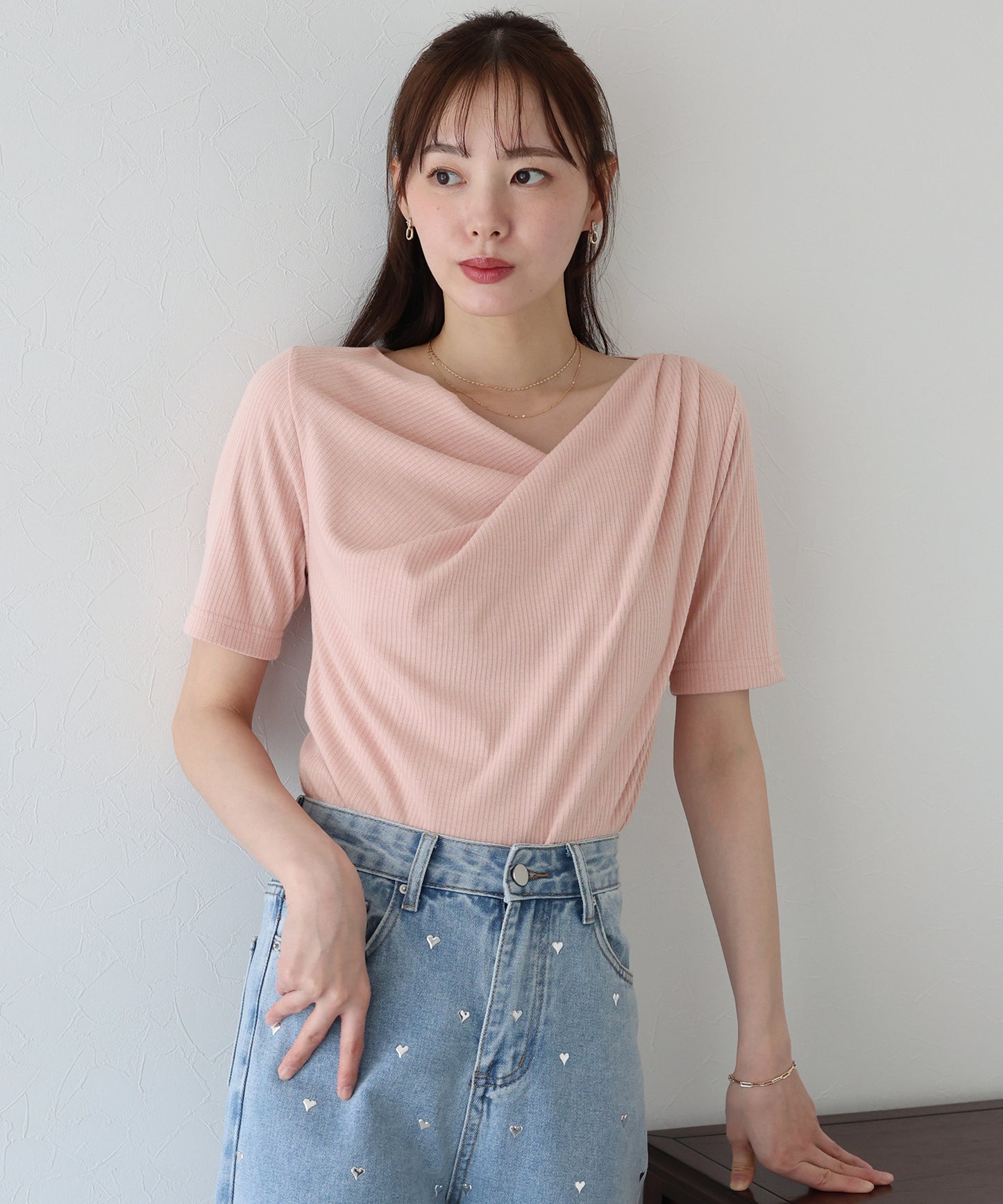 【新商品限定5%OFF(木)】ドレープネックリブTシャツ【ネコポス】