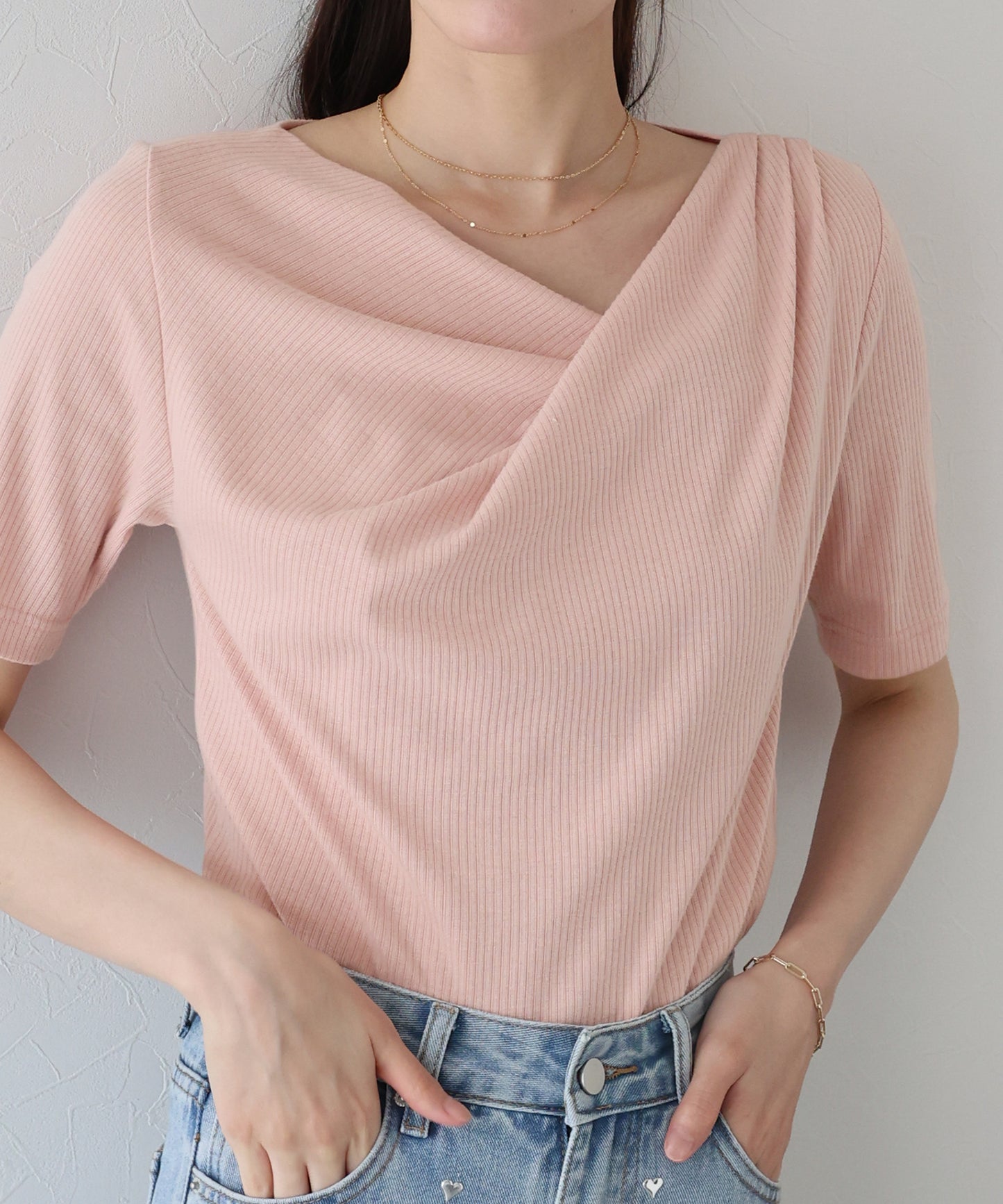 【新商品限定5%OFF(木)】ドレープネックリブTシャツ【ネコポス】