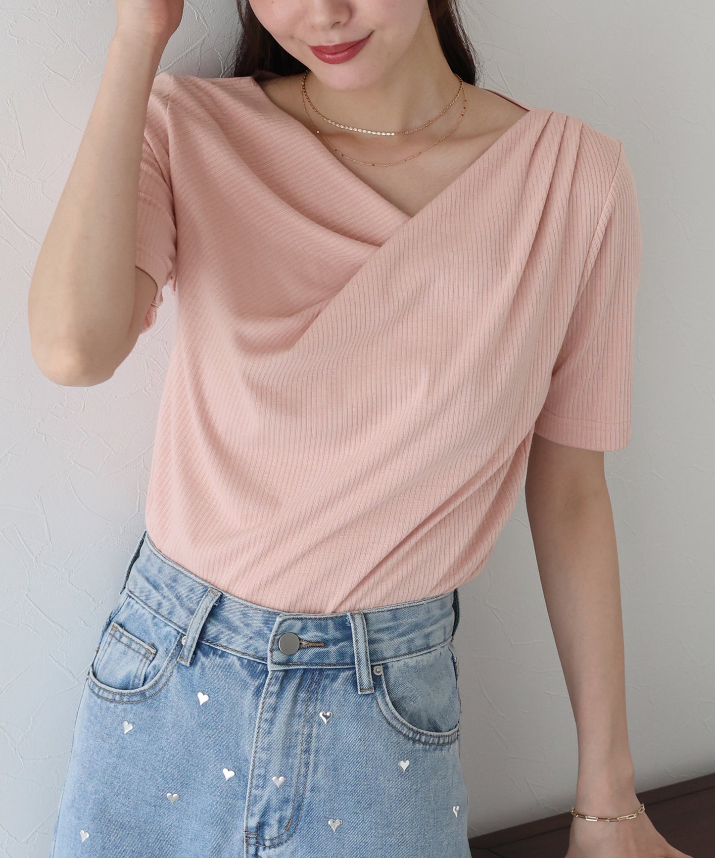 【新商品限定5%OFF(木)】ドレープネックリブTシャツ【ネコポス】