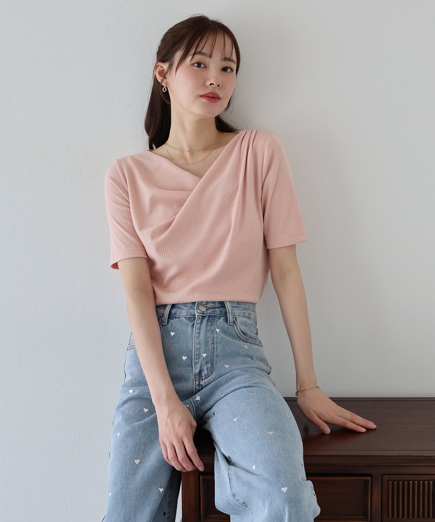【新商品限定5%OFF(木)】ドレープネックリブTシャツ【ネコポス】