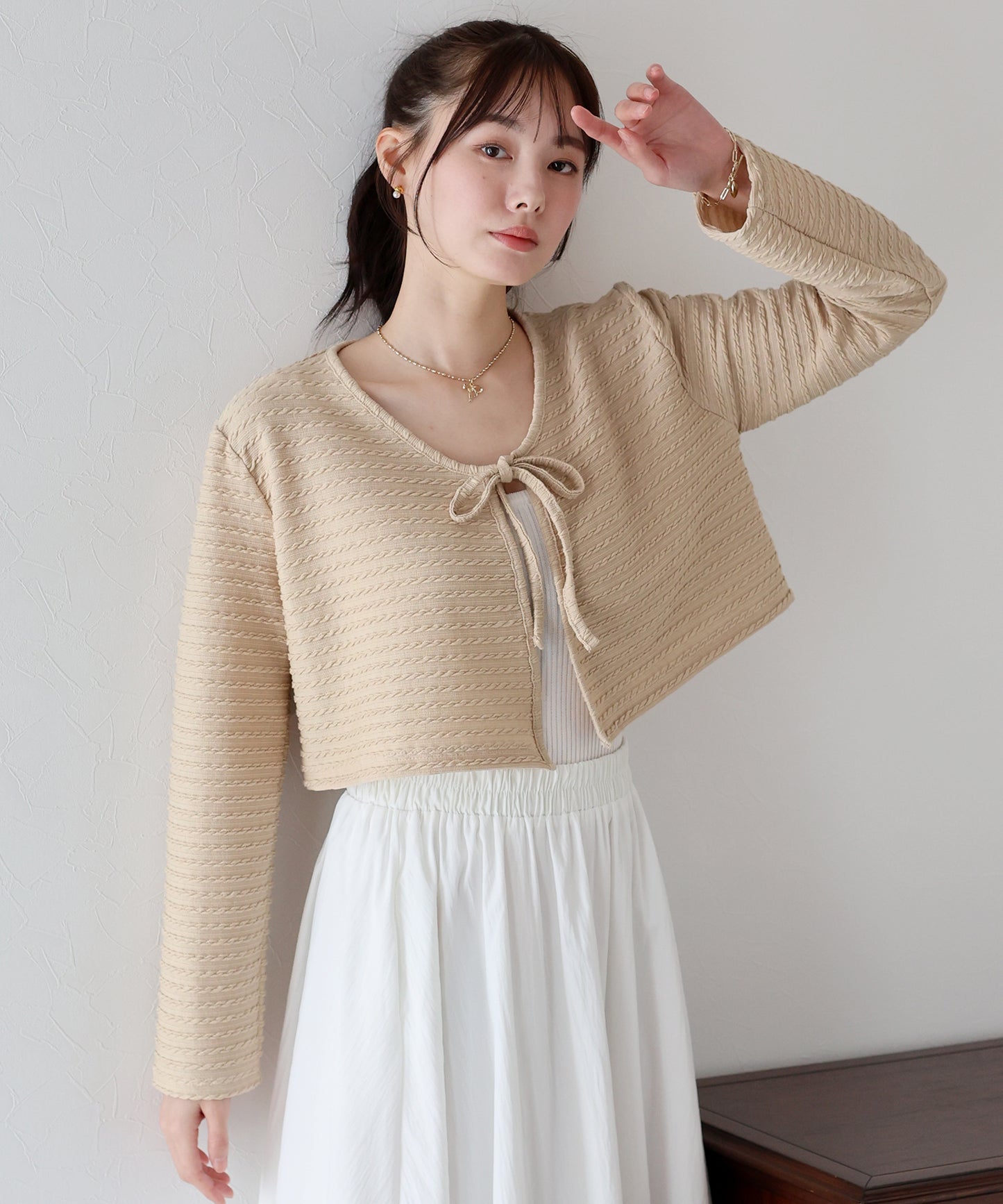 케이블 무늬 리본 가디건