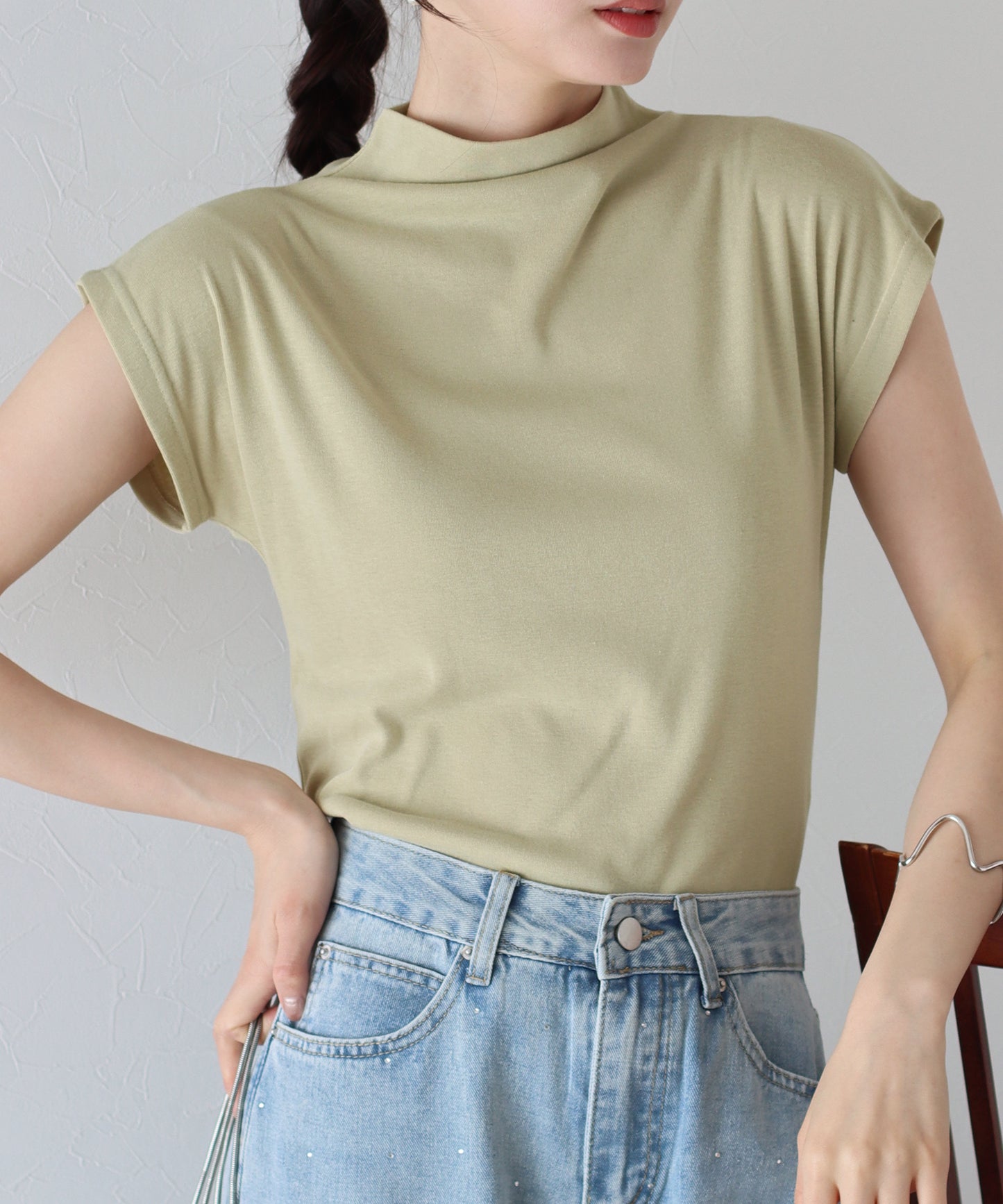 【SALE】ハイネックフレンチスリーブTシャツ【ネコポス】