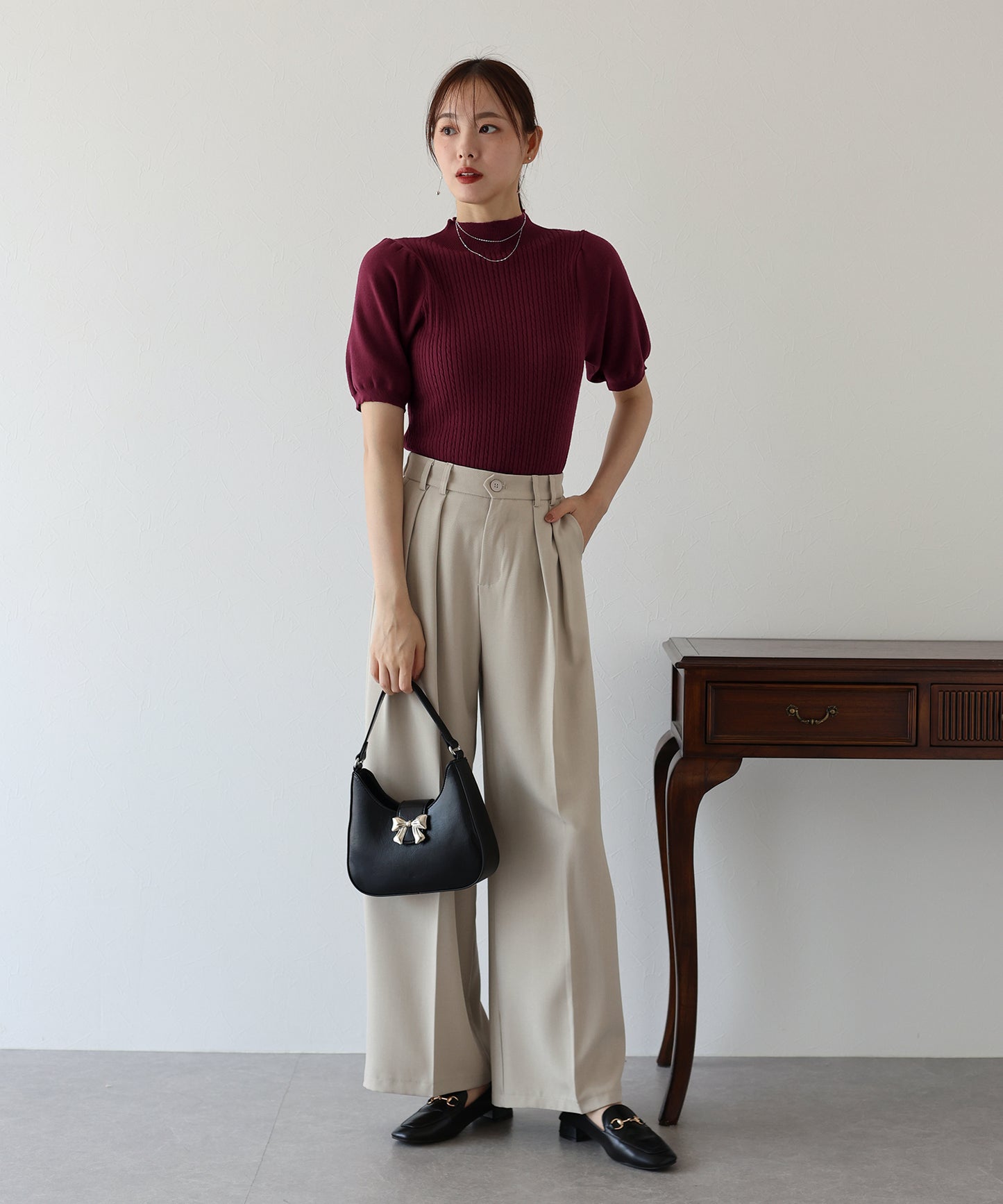 【SALE】パフスリーブ半袖ミニケーブルニット