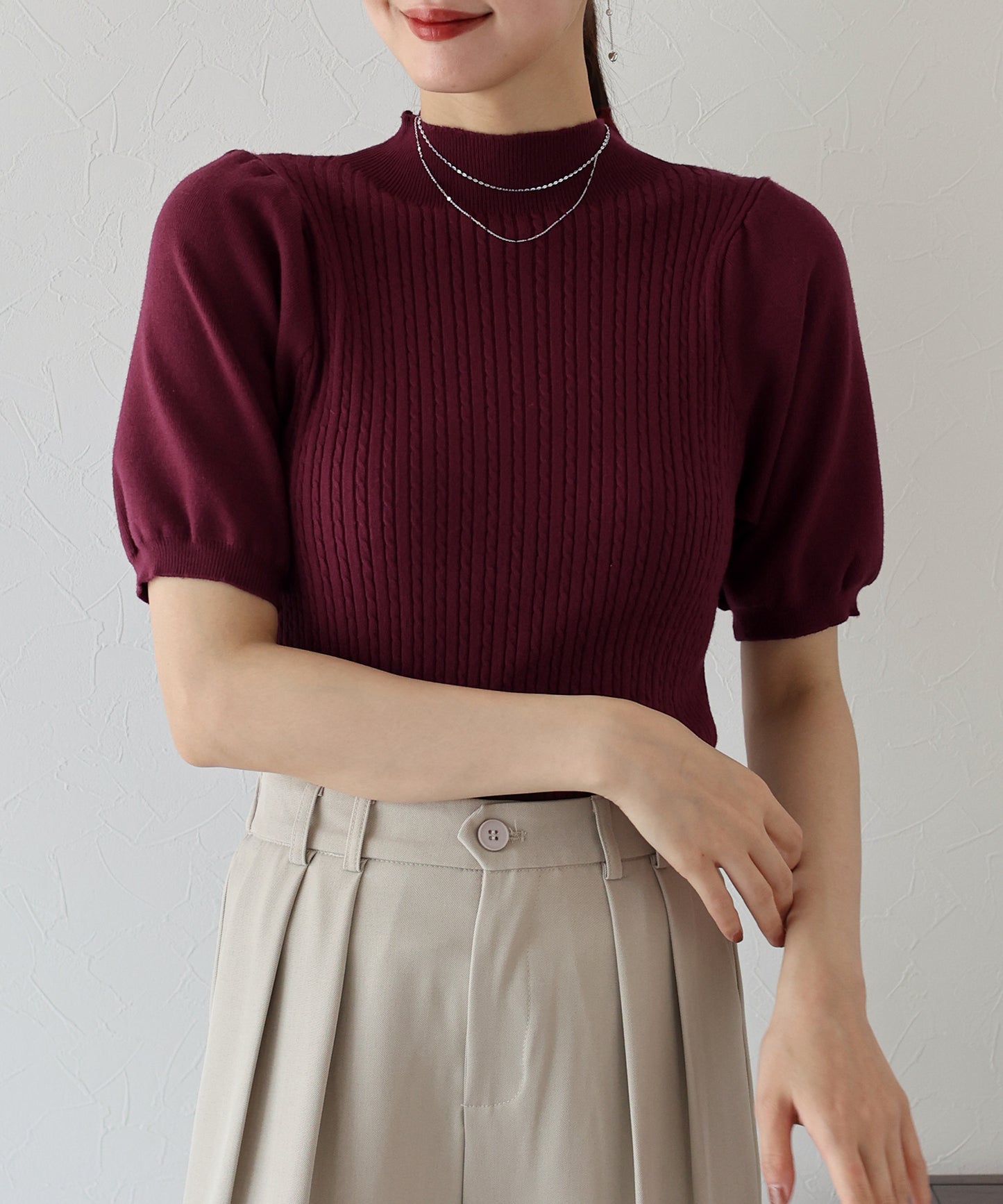 【SALE】パフスリーブ半袖ミニケーブルニット