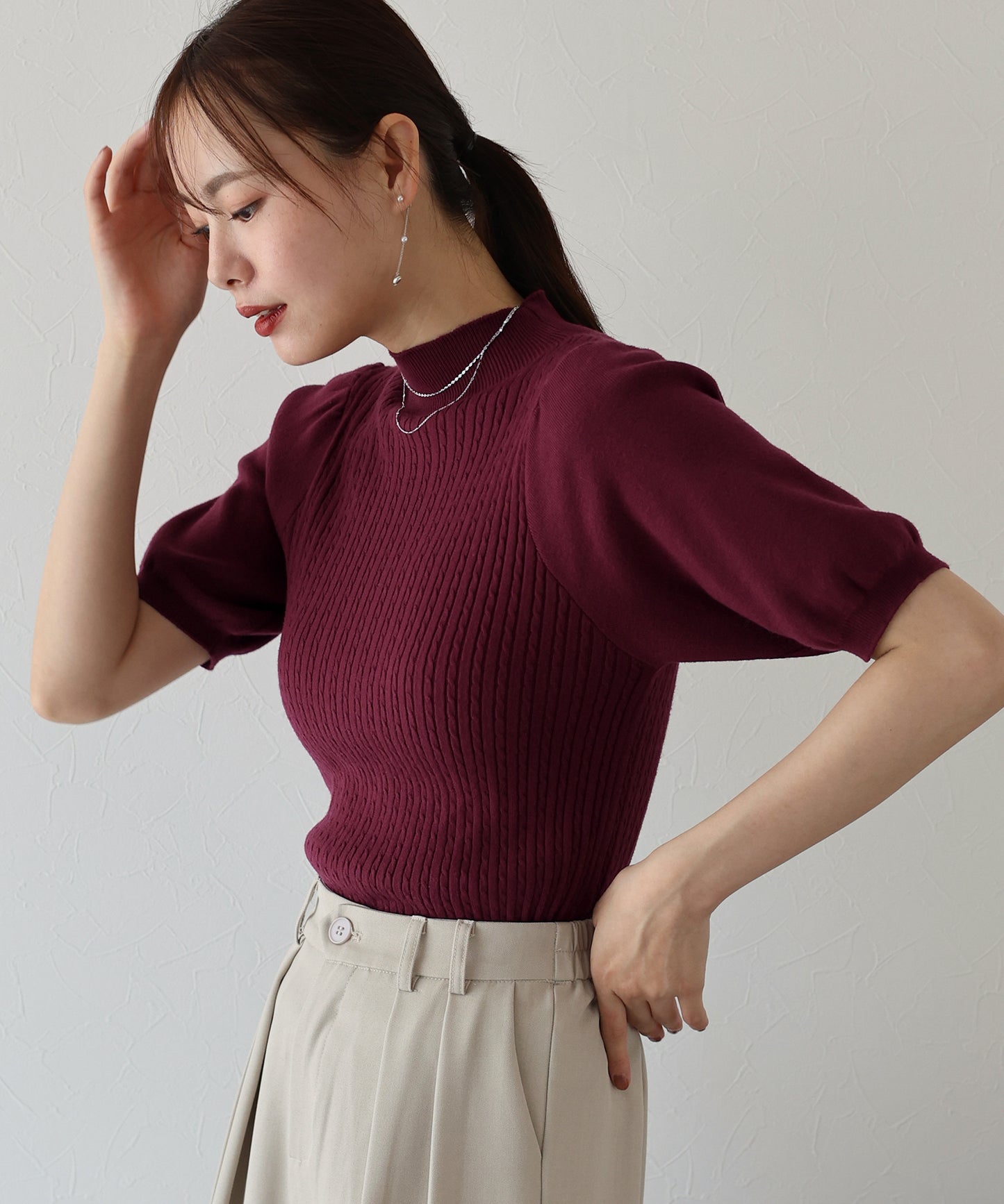 【SALE】パフスリーブ半袖ミニケーブルニット